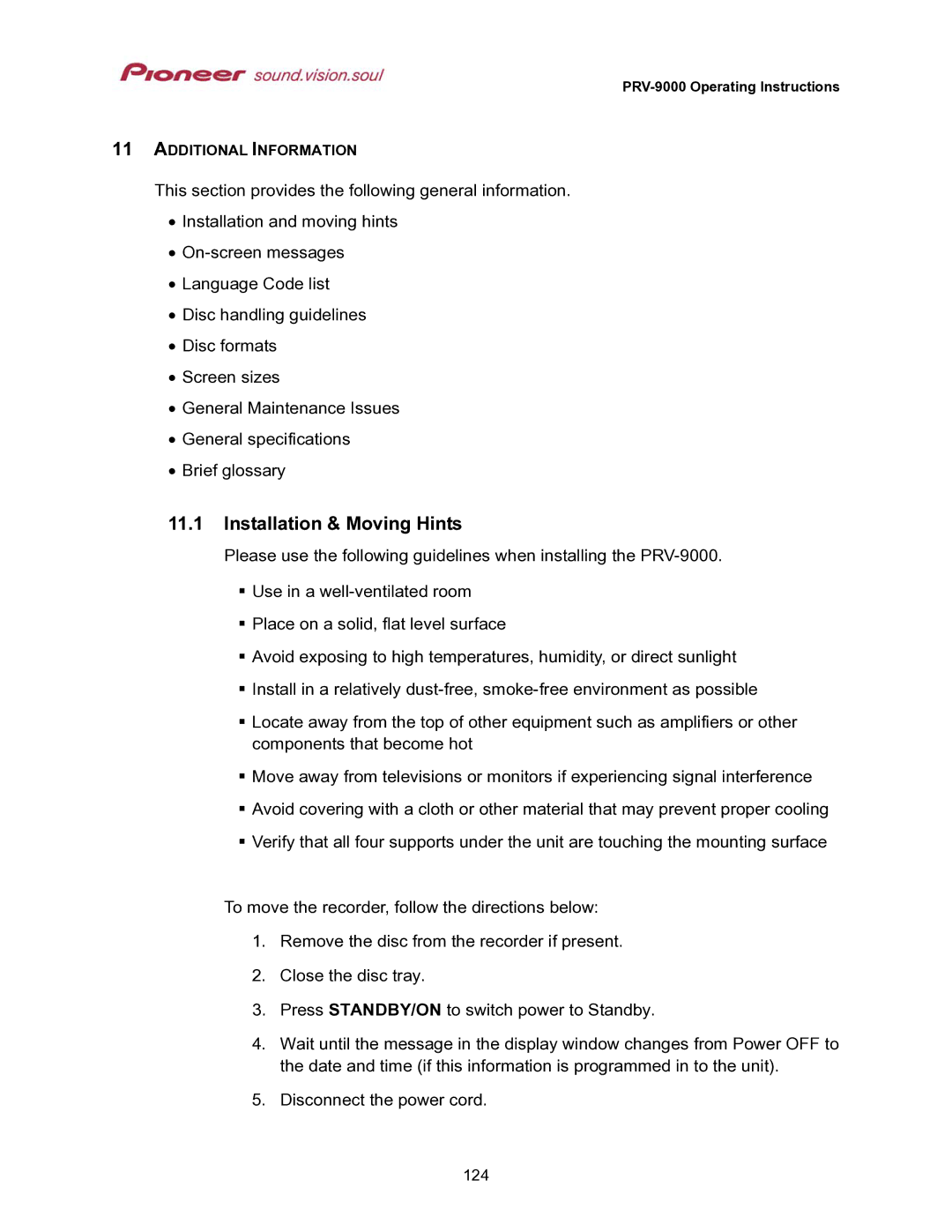 Pioneer PRV-9000 operating instructions Installation & Moving Hints 