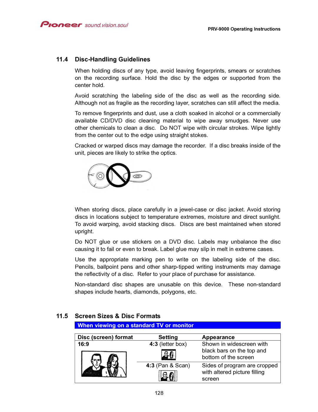 Pioneer PRV-9000 Disc-Handling Guidelines, Screen Sizes & Disc Formats, When viewing on a standard TV or monitor 