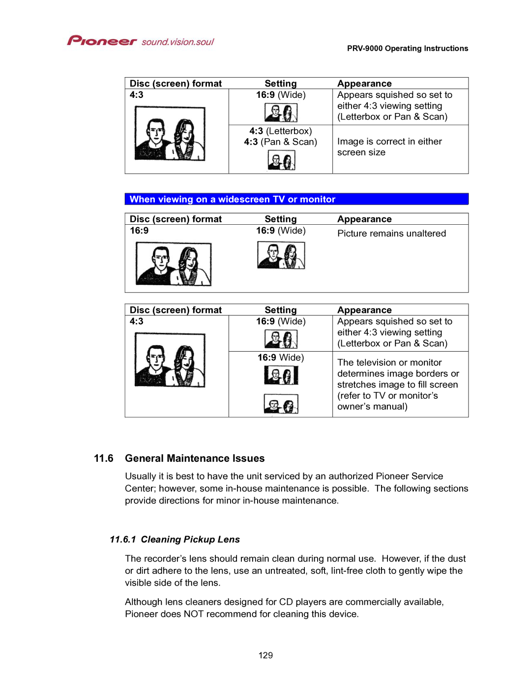 Pioneer PRV-9000 operating instructions General Maintenance Issues, Disc screen format, Wide, Cleaning Pickup Lens 