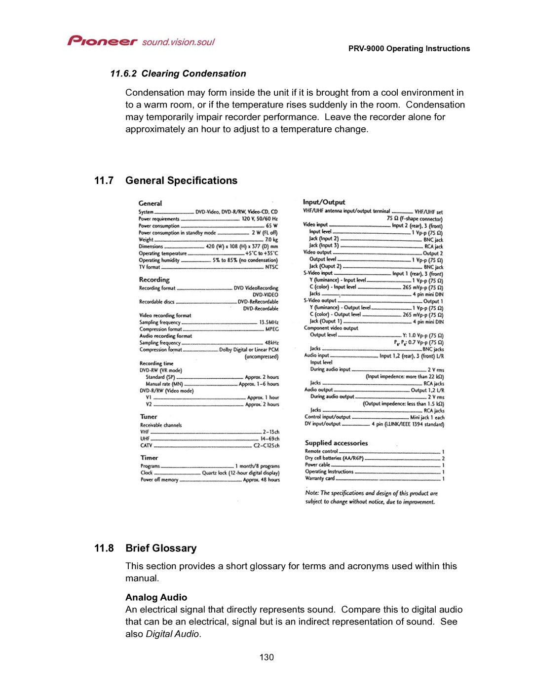 Pioneer PRV-9000 operating instructions General Specifications Brief Glossary, Clearing Condensation, Analog Audio 