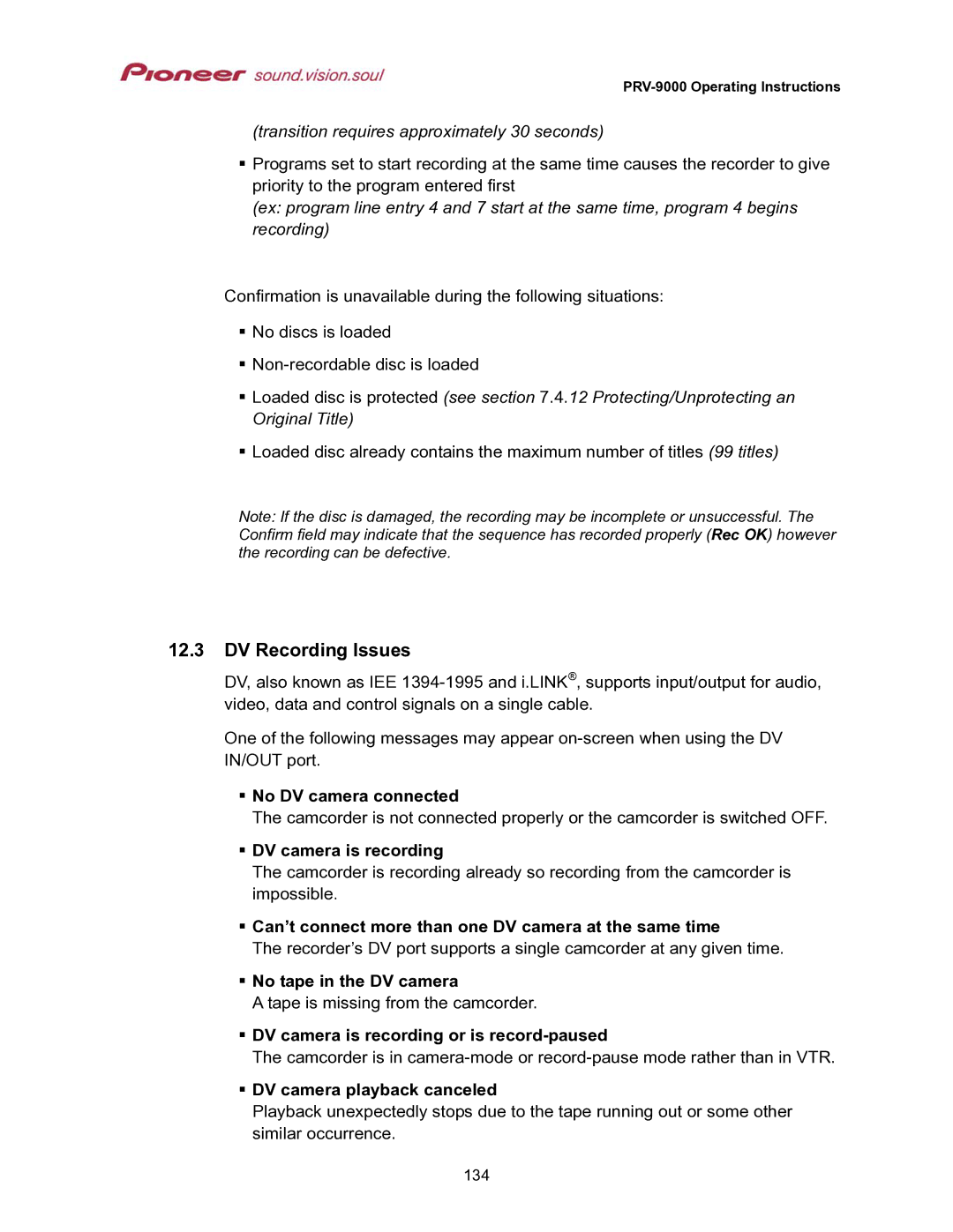 Pioneer PRV-9000 operating instructions DV Recording Issues 