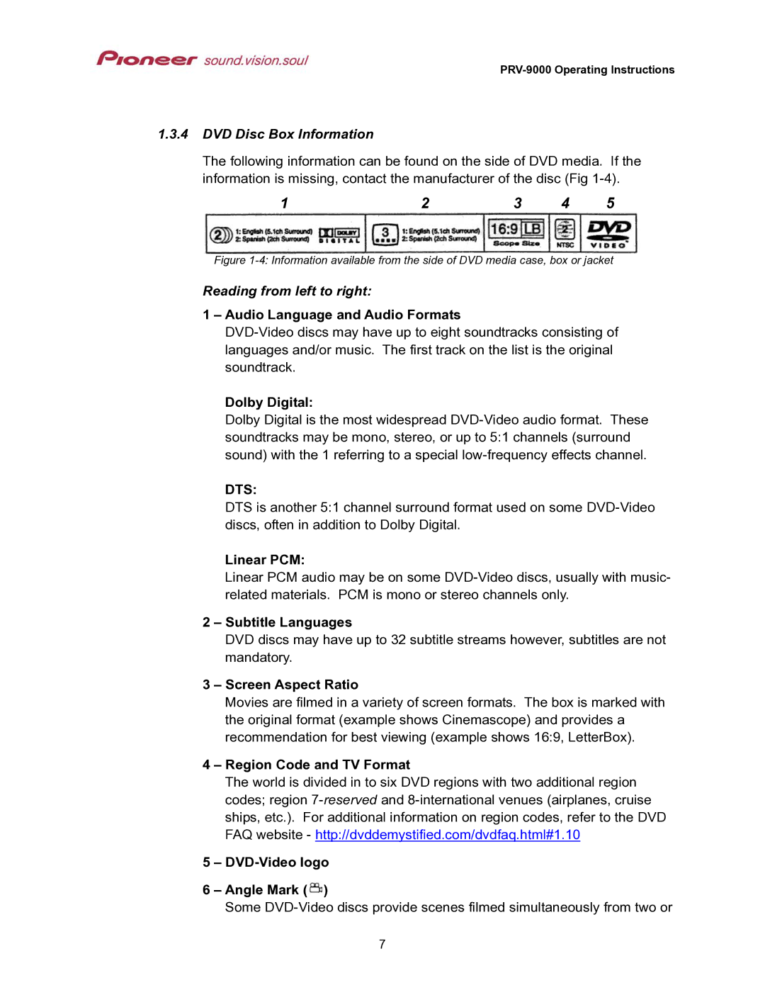 Pioneer PRV-9000 operating instructions DVD Disc Box Information, Reading from left to right 