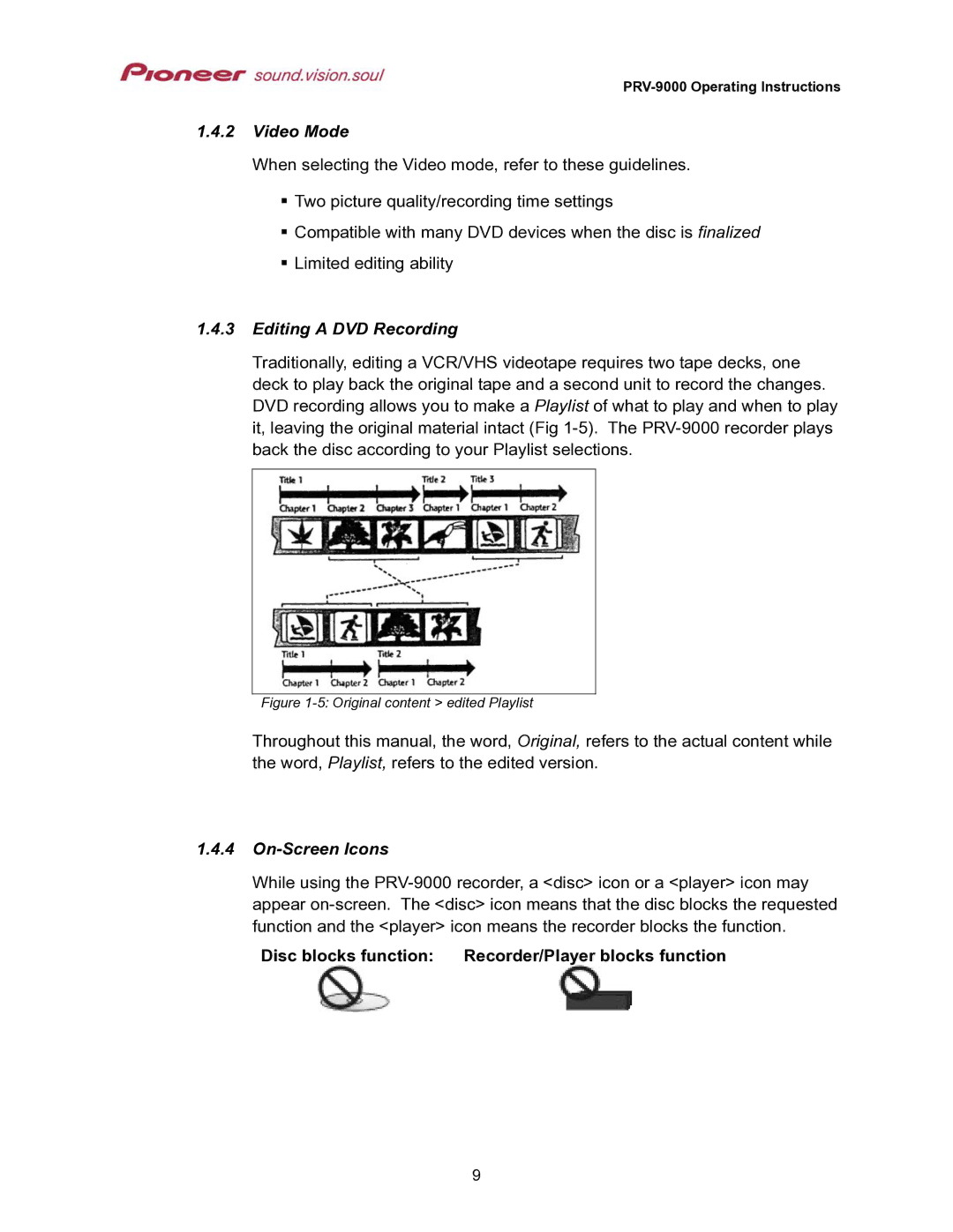 Pioneer PRV-9000 operating instructions Video Mode, Editing a DVD Recording, On-Screen Icons, Disc blocks function 