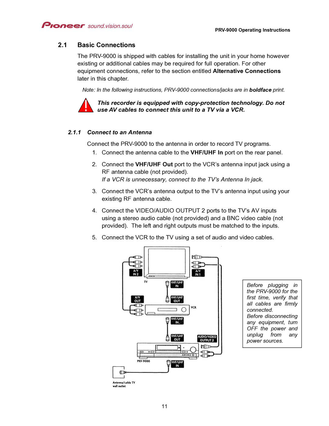 Pioneer PRV-9000 operating instructions Basic Connections, If a VCR is unnecessary, connect to the TV’s Antenna In jack 