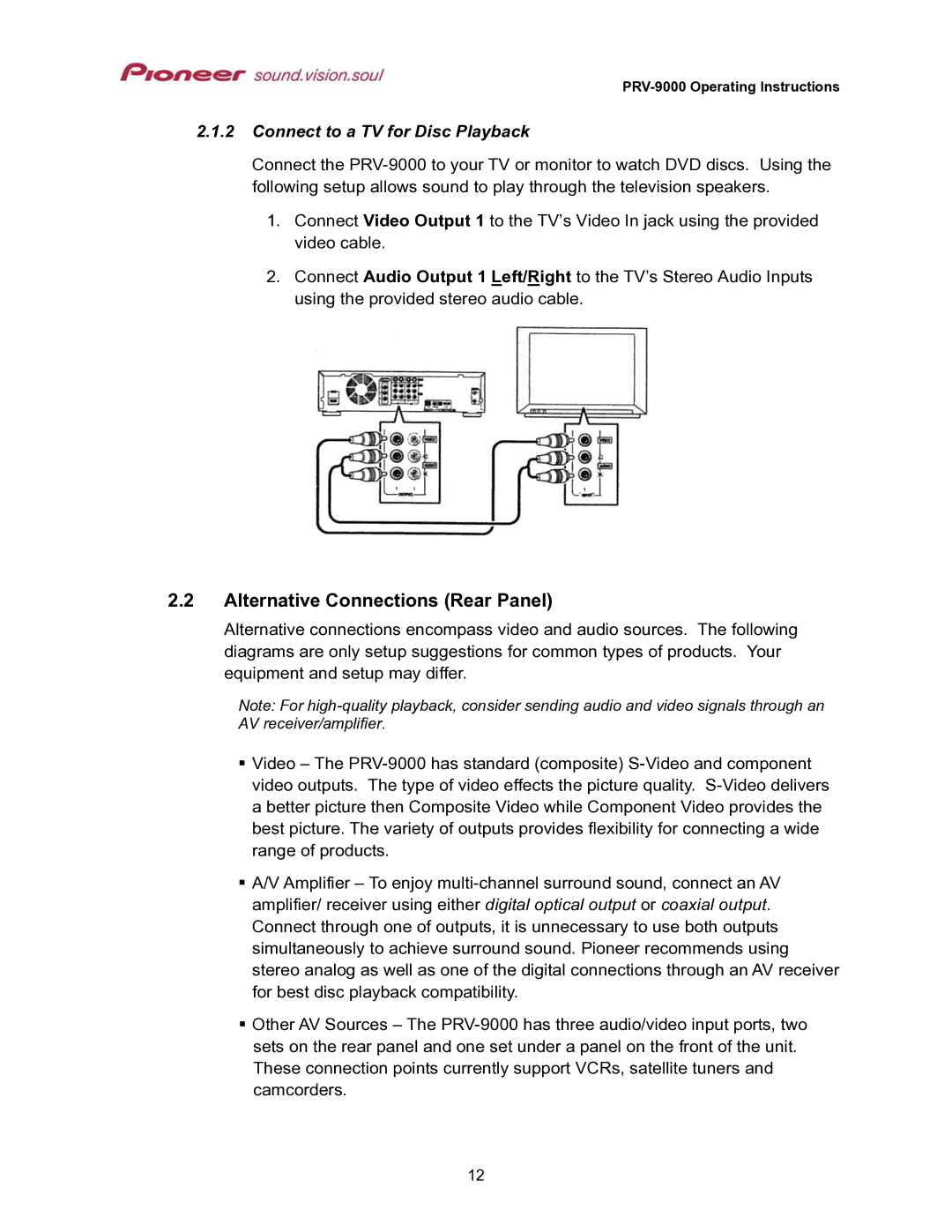 Pioneer PRV-9000 operating instructions Alternative Connections Rear Panel, Connect to a TV for Disc Playback 