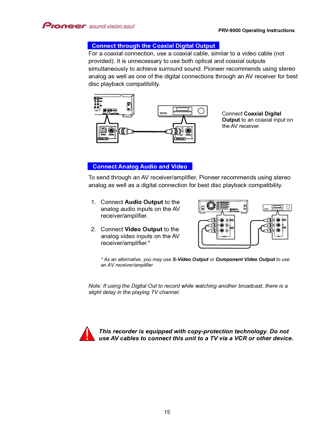 Pioneer PRV-9000 operating instructions Connect through the Coaxial Digital Output, Connect Analog Audio and Video 