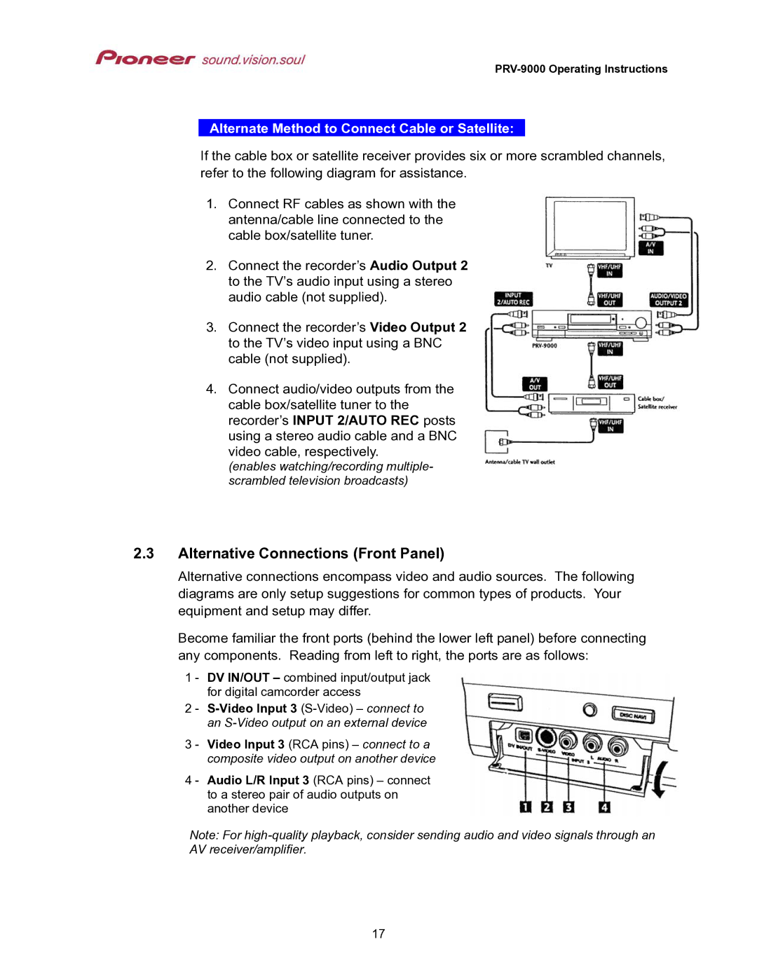 Pioneer PRV-9000 operating instructions Alternative Connections Front Panel, Alternate Method to Connect Cable or Satellite 