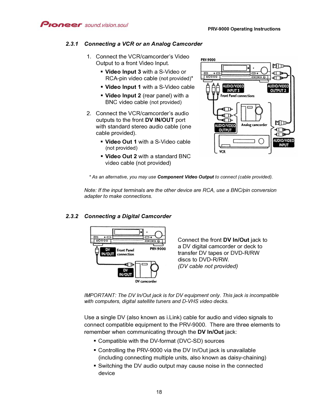 Pioneer PRV-9000 Connecting a VCR or an Analog Camcorder, Connecting a Digital Camcorder, DV cable not provided 