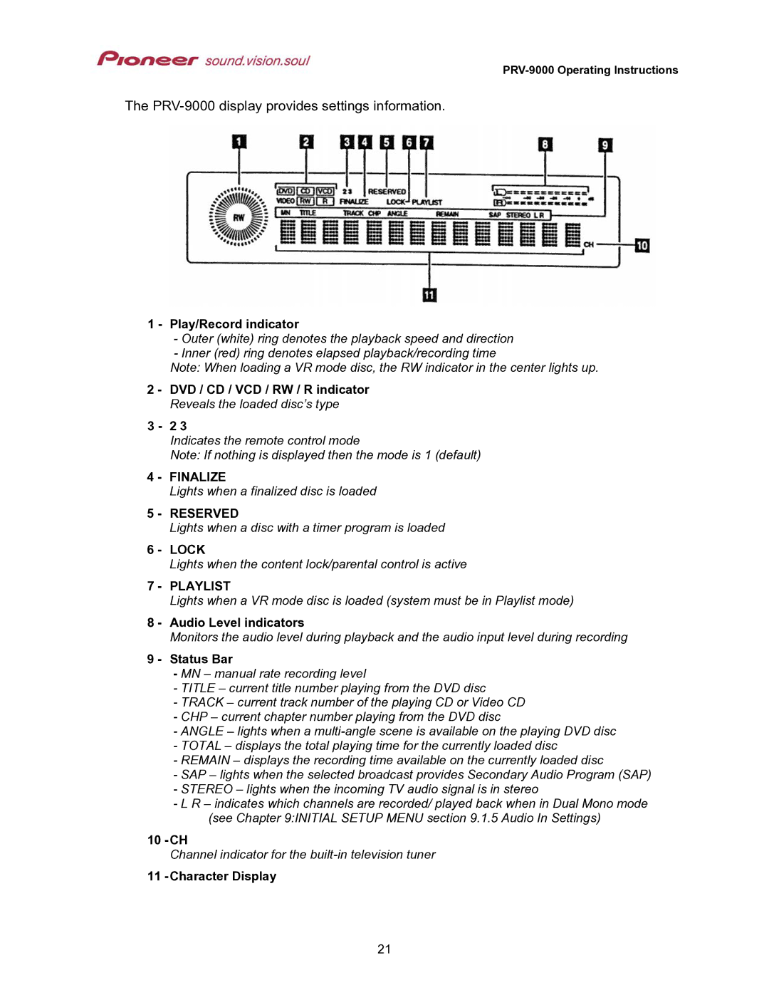 Pioneer operating instructions PRV-9000 display provides settings information 