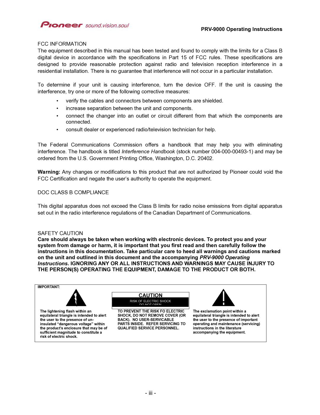 Pioneer PRV-9000 operating instructions Iii 