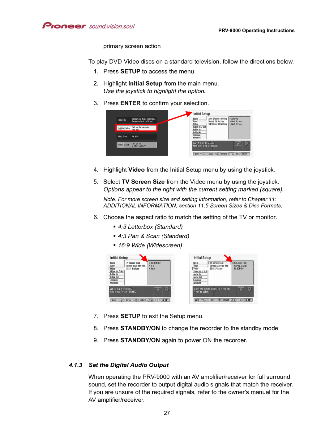 Pioneer PRV-9000 operating instructions Pan & Scan Standard 169 Wide Widescreen, Set the Digital Audio Output 