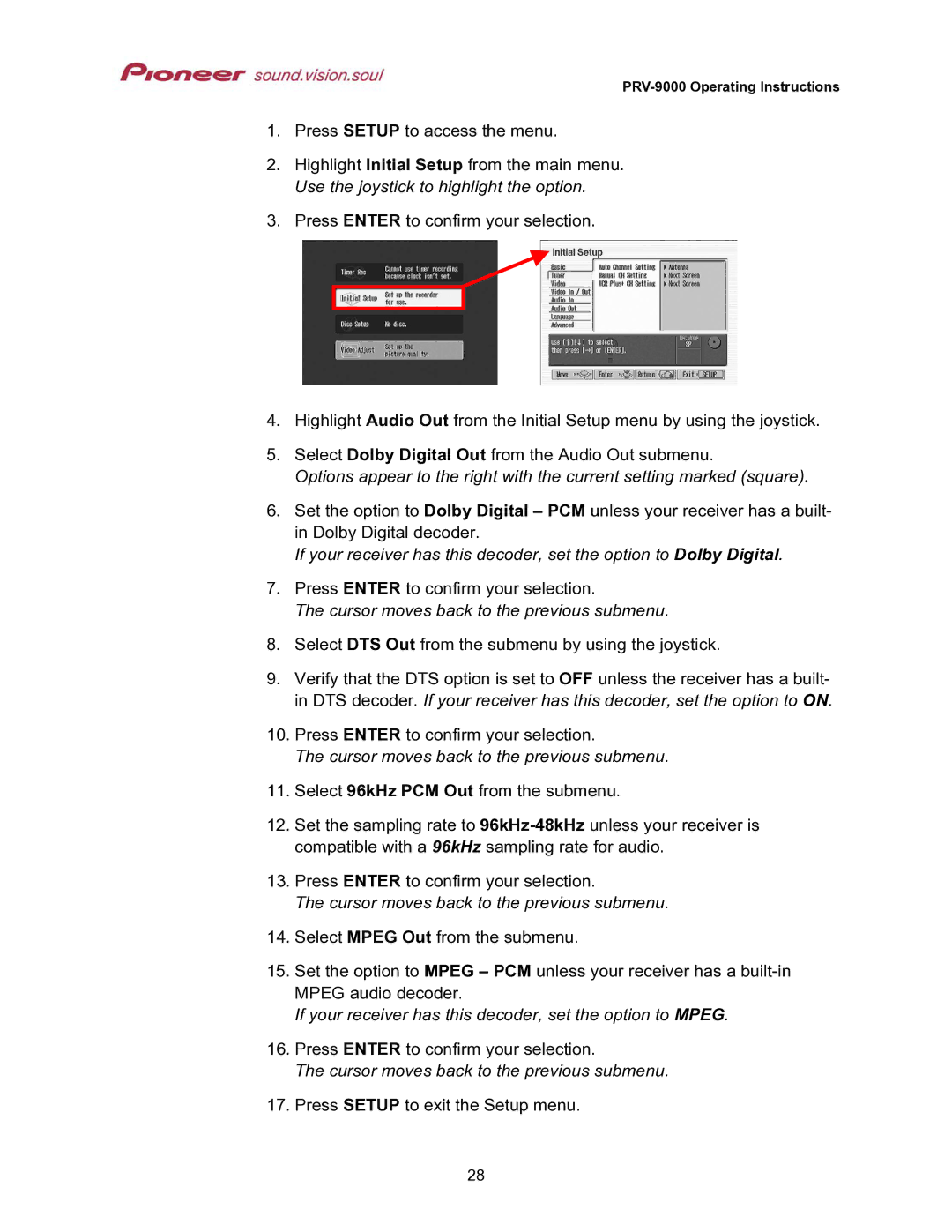 Pioneer PRV-9000 Cursor moves back to the previous submenu, If your receiver has this decoder, set the option to Mpeg 