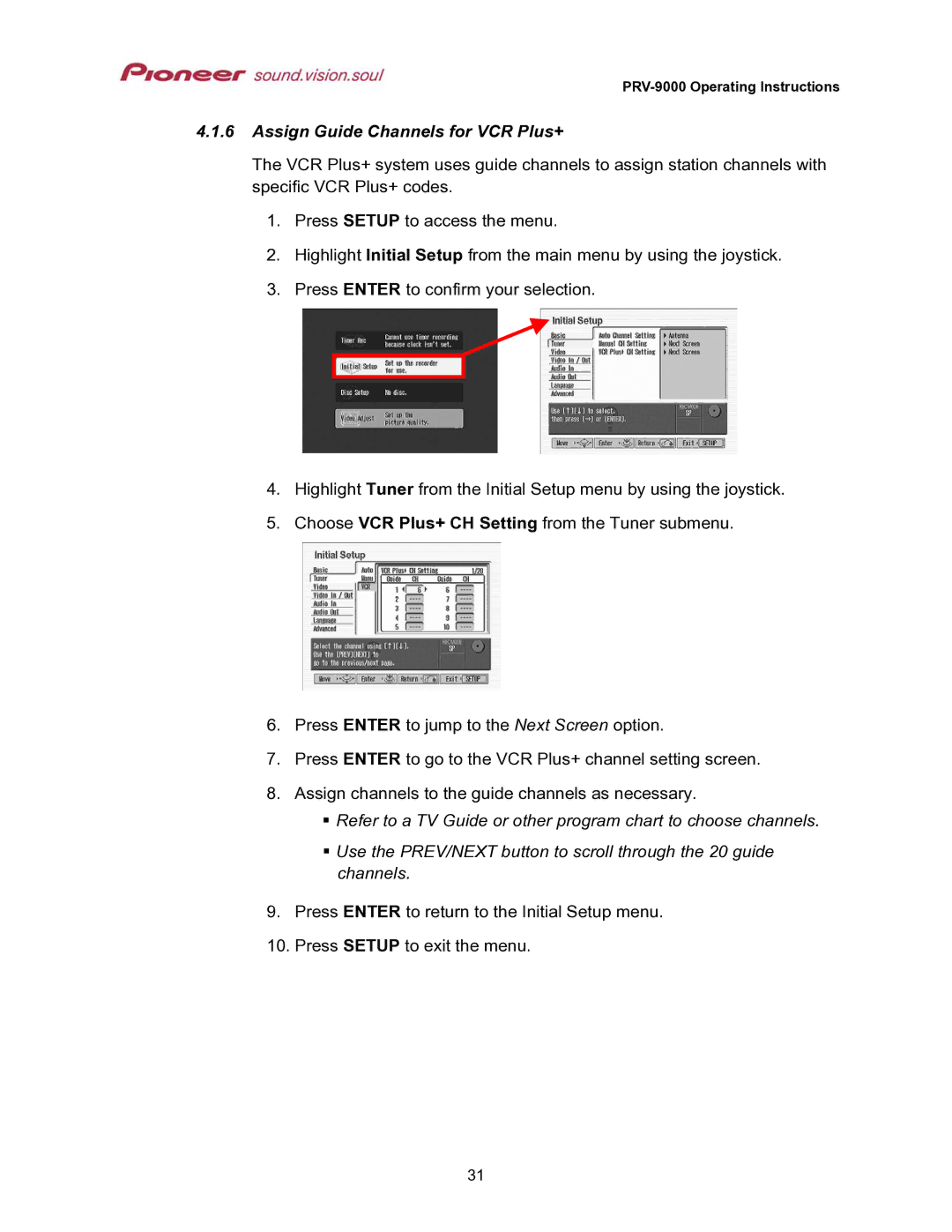 Pioneer PRV-9000 operating instructions Assign Guide Channels for VCR Plus+ 