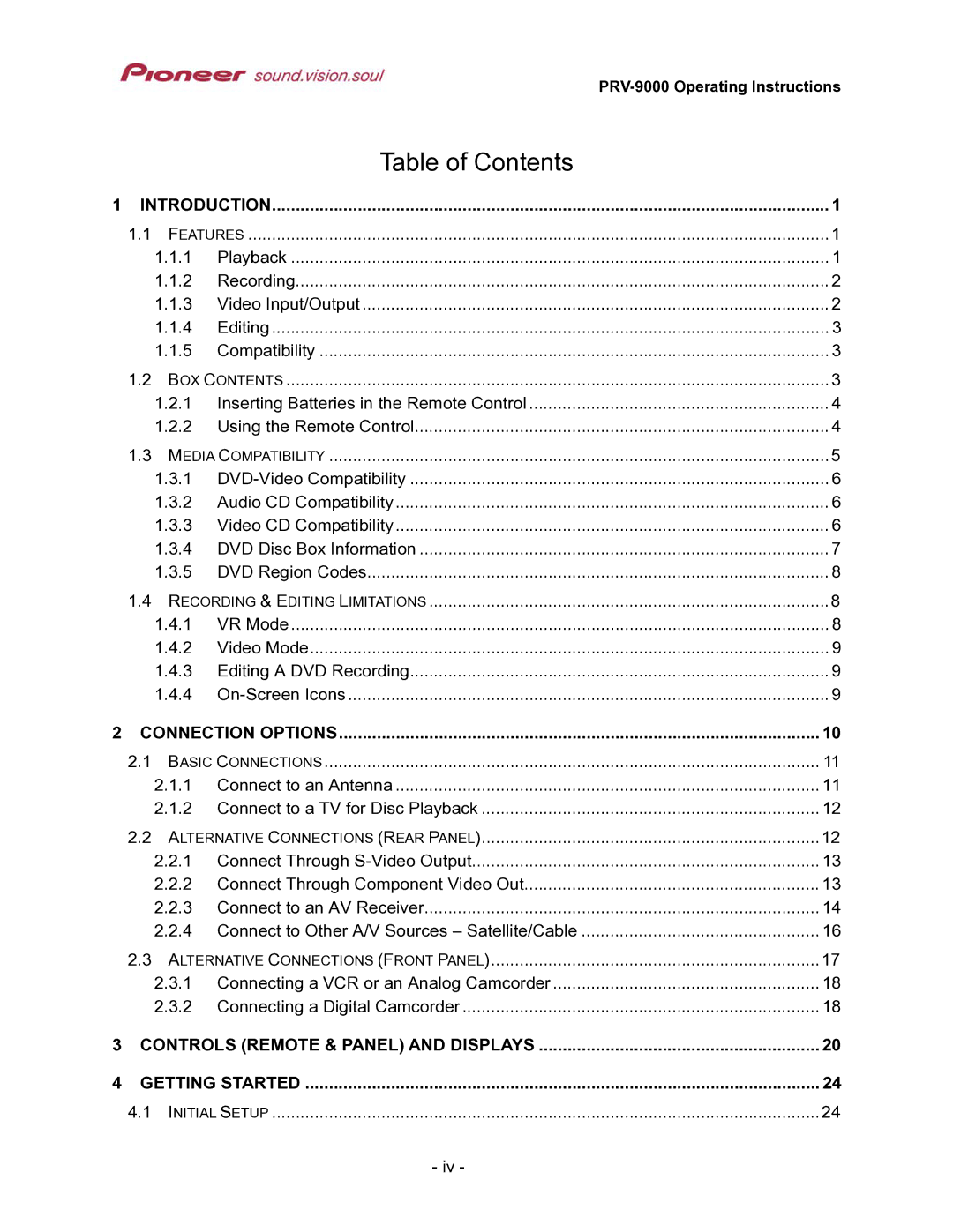 Pioneer PRV-9000 operating instructions Table of Contents 