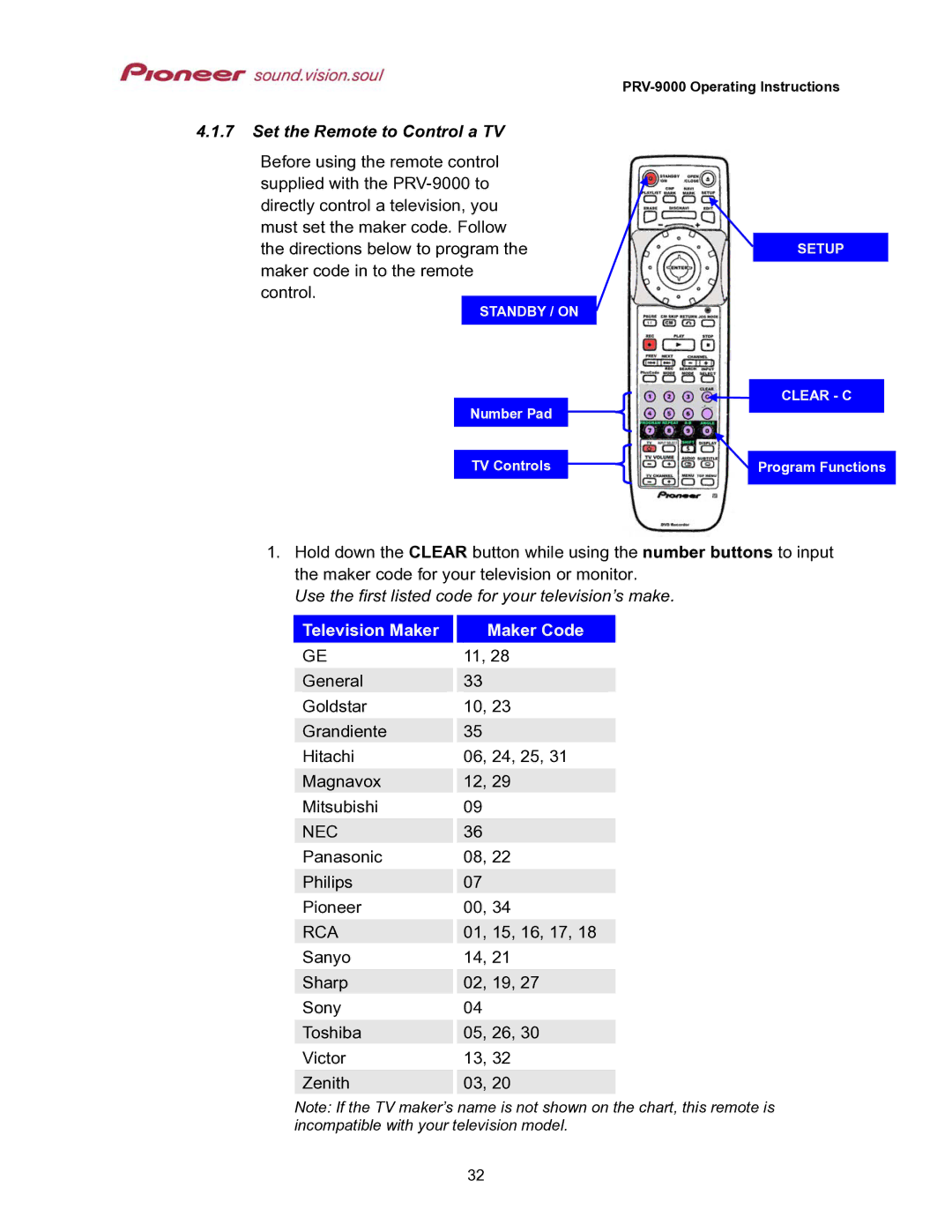 Pioneer PRV-9000 Set the Remote to Control a TV, Use the first listed code for your television’s make 