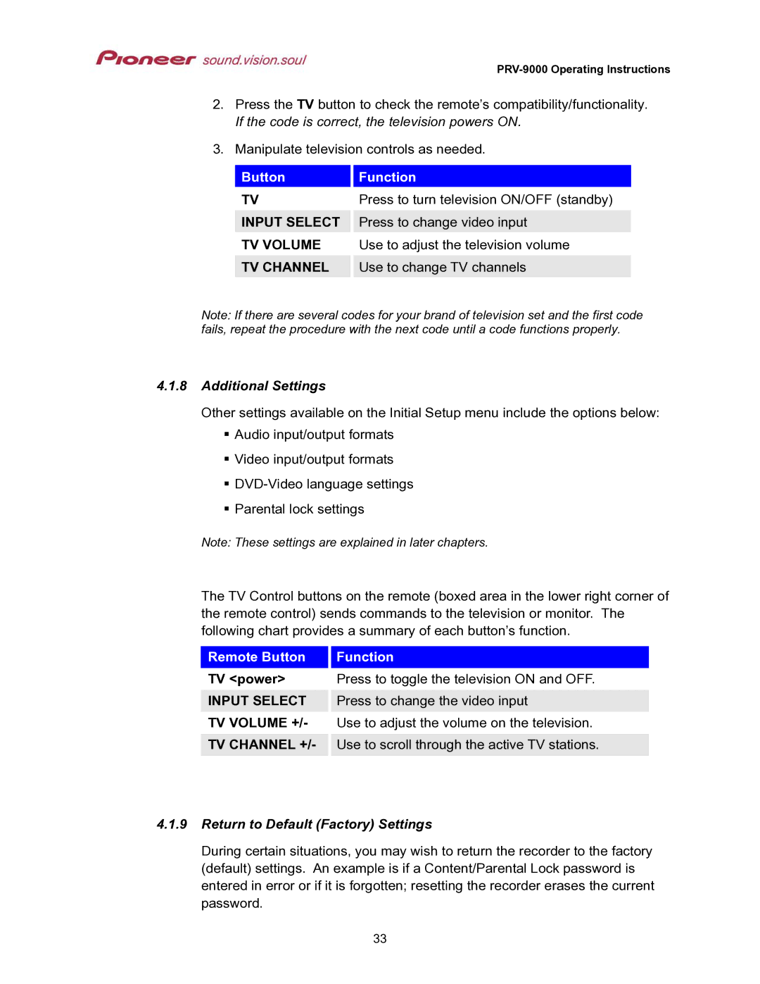 Pioneer PRV-9000 Additional Settings, Remote Button Function, TV power, Return to Default Factory Settings 