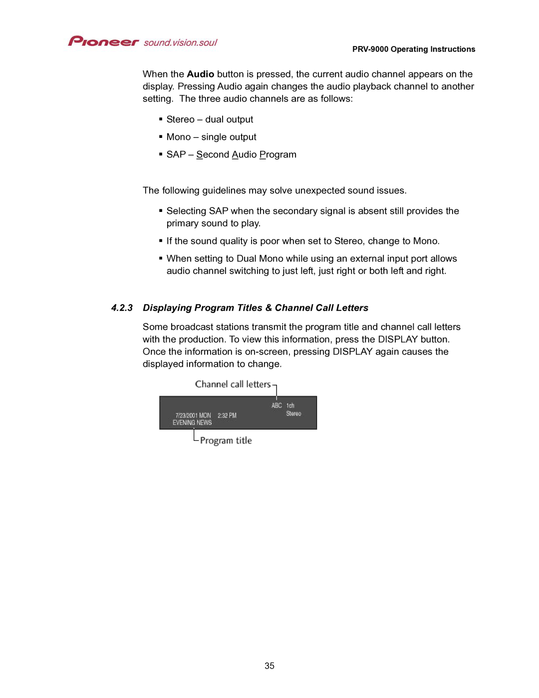 Pioneer PRV-9000 operating instructions Displaying Program Titles & Channel Call Letters 