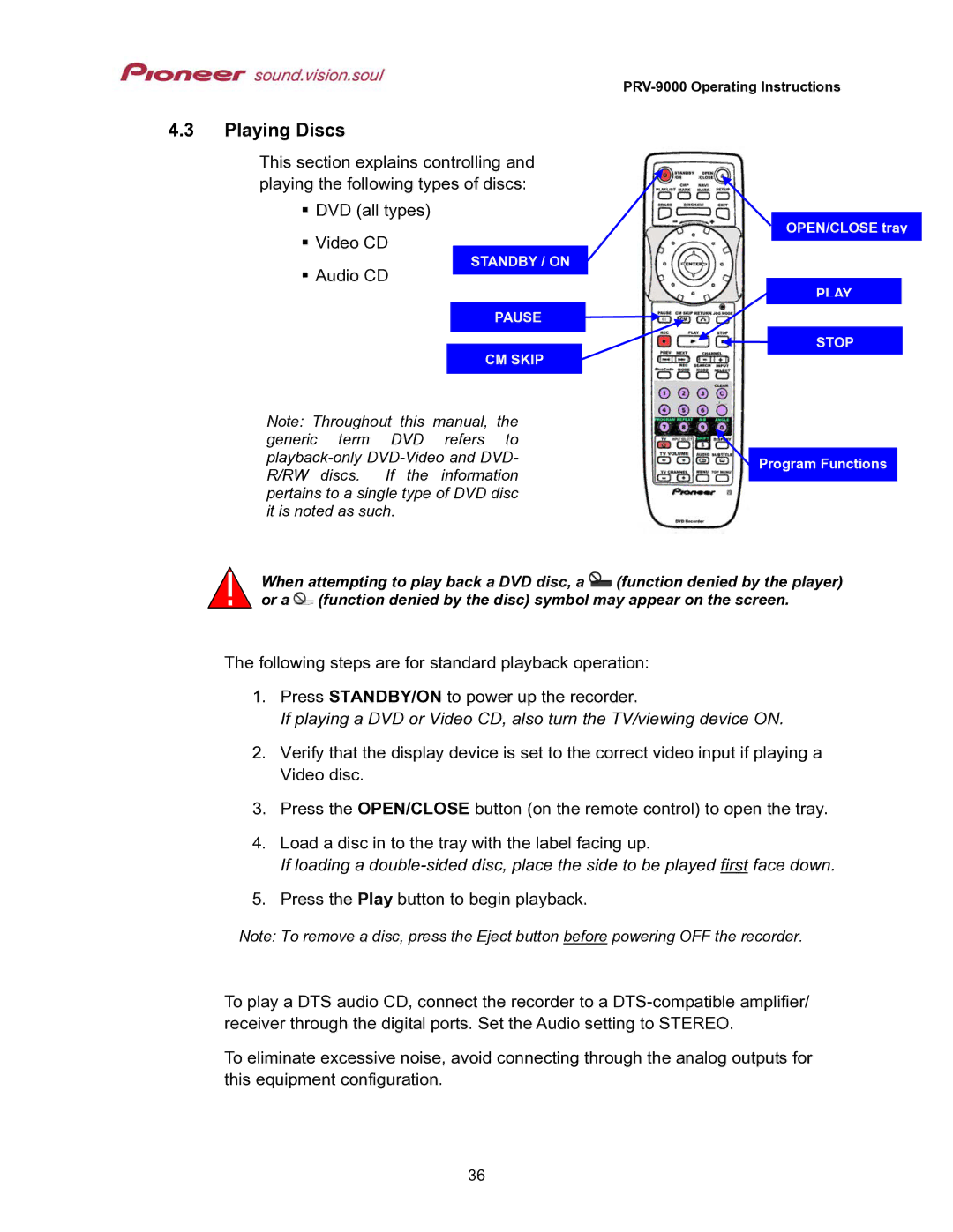 Pioneer PRV-9000 operating instructions Playing Discs, Video CD Audio CD 