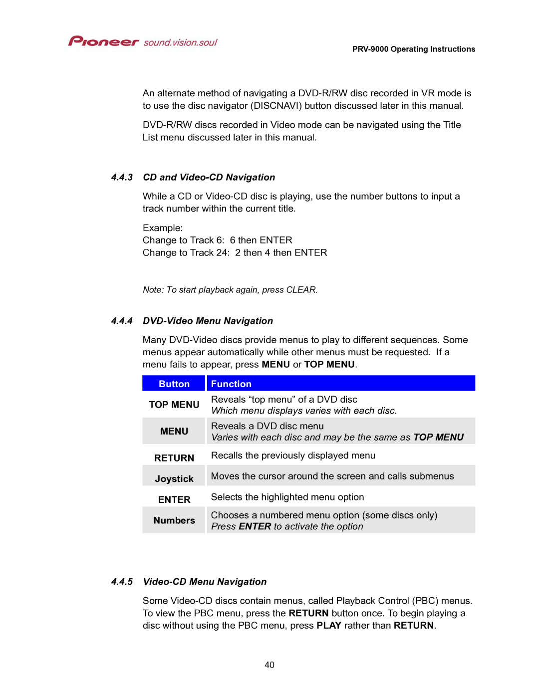 Pioneer PRV-9000 CD and Video-CD Navigation, DVD-Video Menu Navigation, Button, Video-CD Menu Navigation 