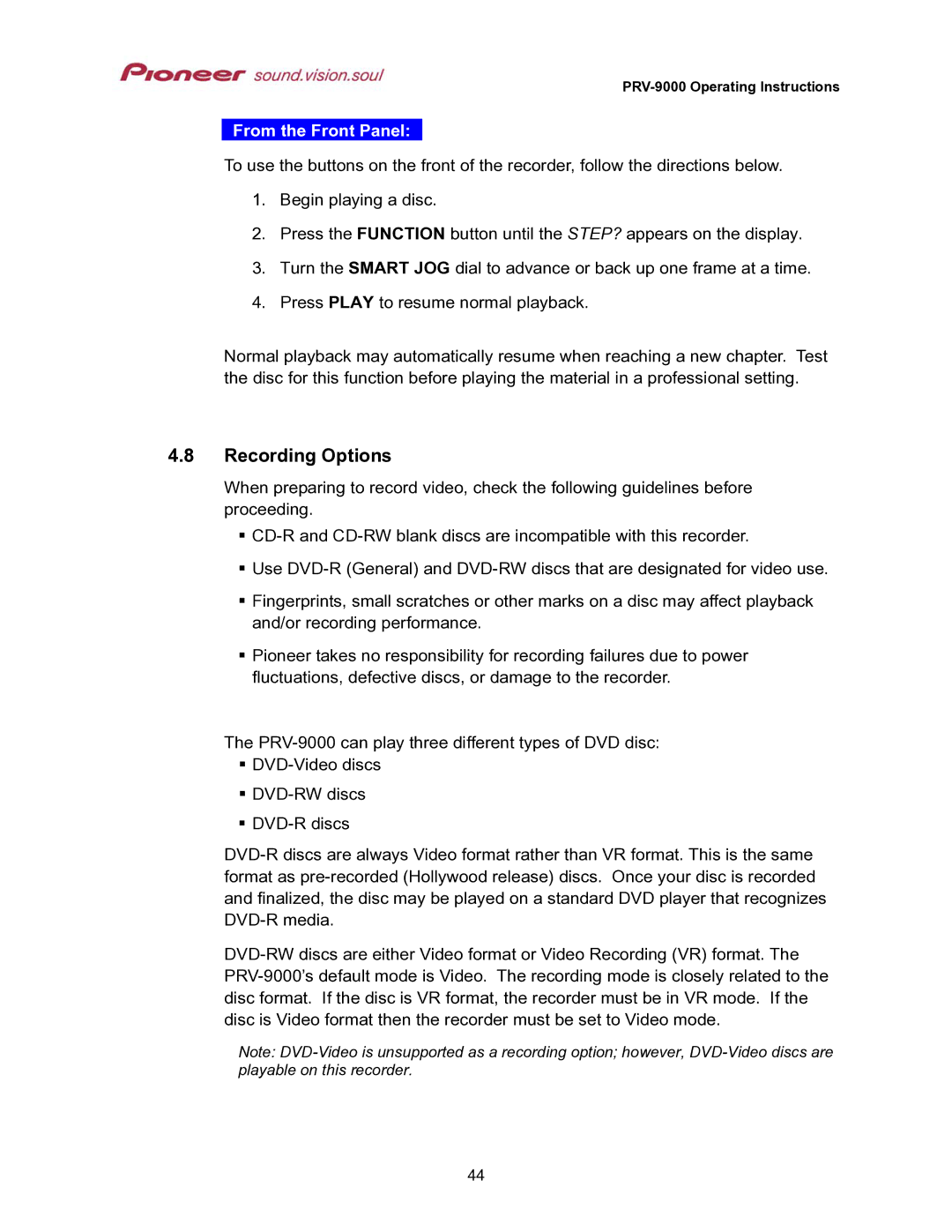 Pioneer PRV-9000 operating instructions Recording Options 