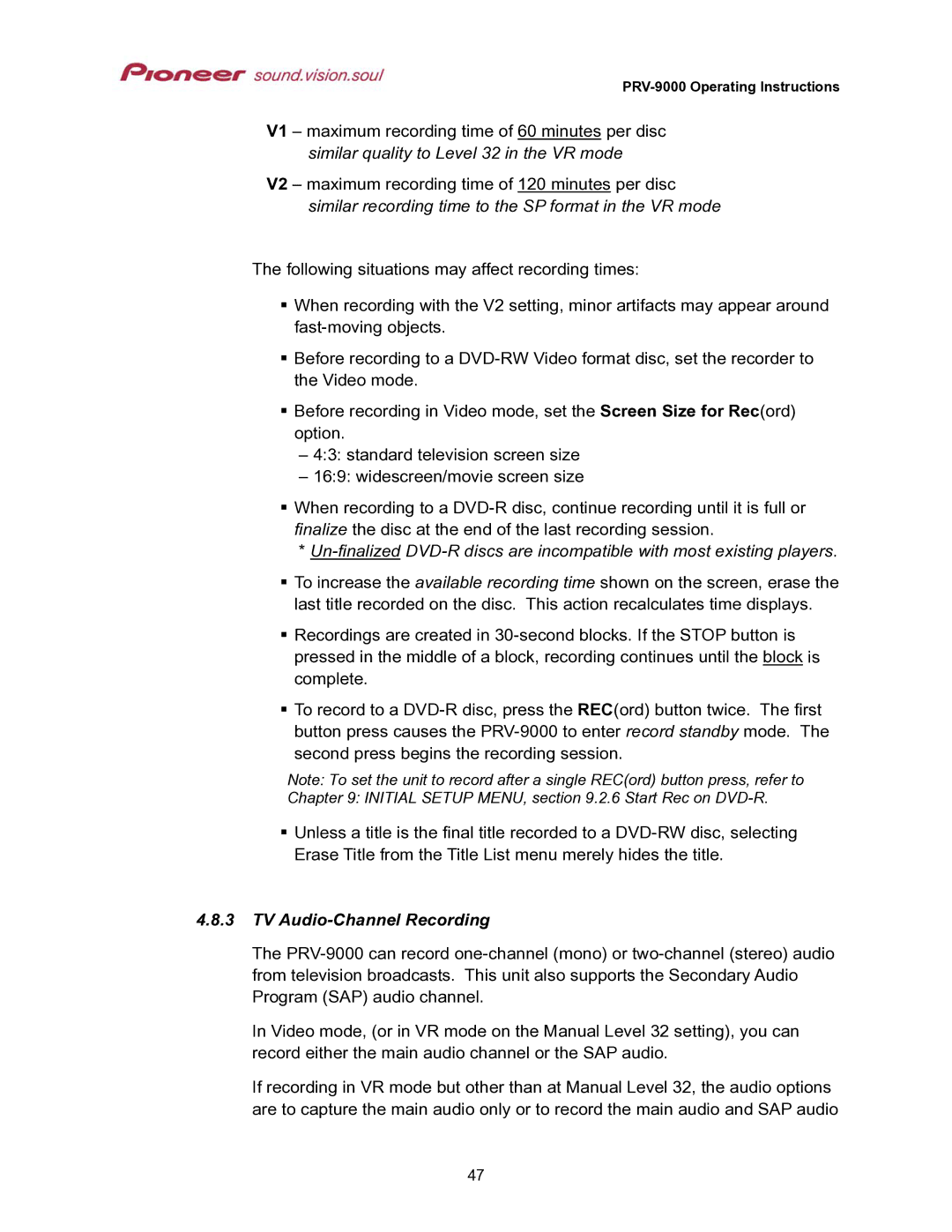 Pioneer PRV-9000 operating instructions Similar quality to Level 32 in the VR mode, TV Audio-Channel Recording 