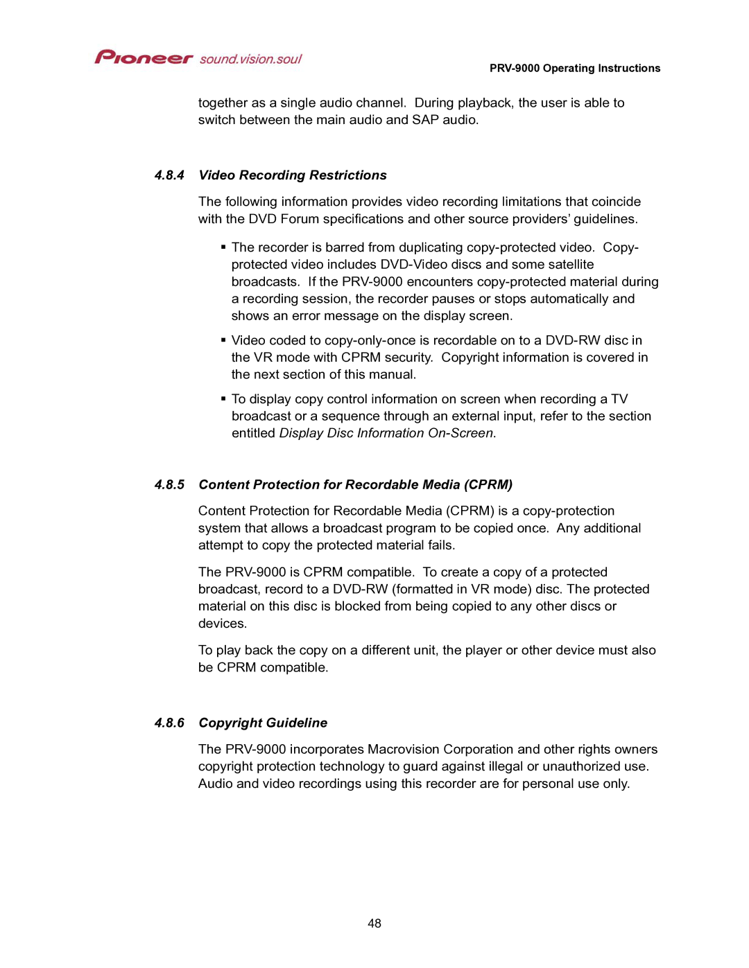 Pioneer PRV-9000 Video Recording Restrictions, Content Protection for Recordable Media Cprm, Copyright Guideline 