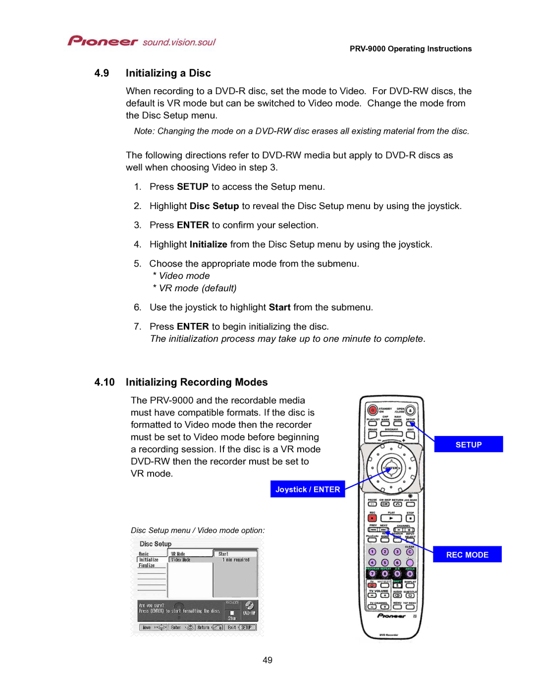 Pioneer PRV-9000 operating instructions Initializing a Disc, Initializing Recording Modes, Video mode VR mode default 