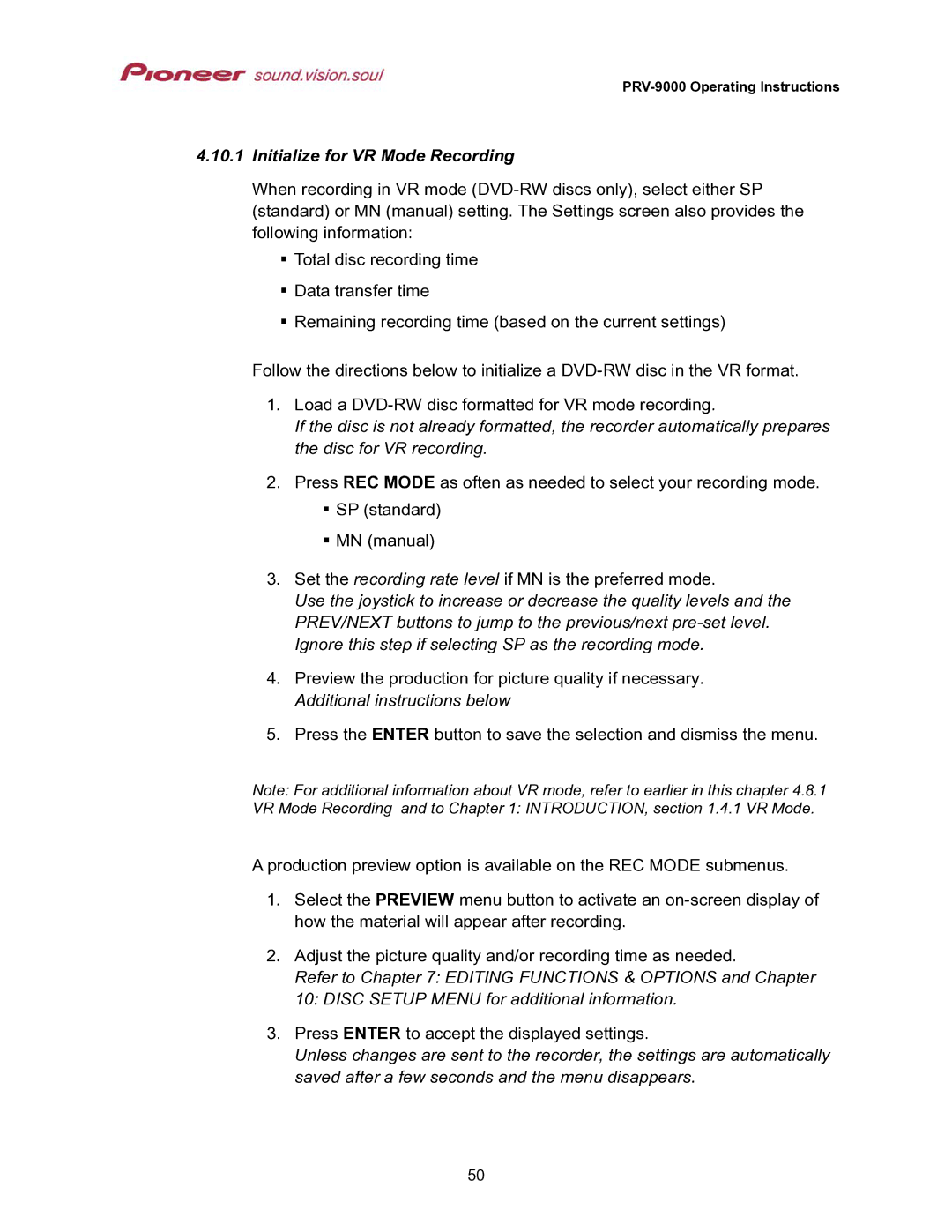 Pioneer PRV-9000 operating instructions Initialize for VR Mode Recording 