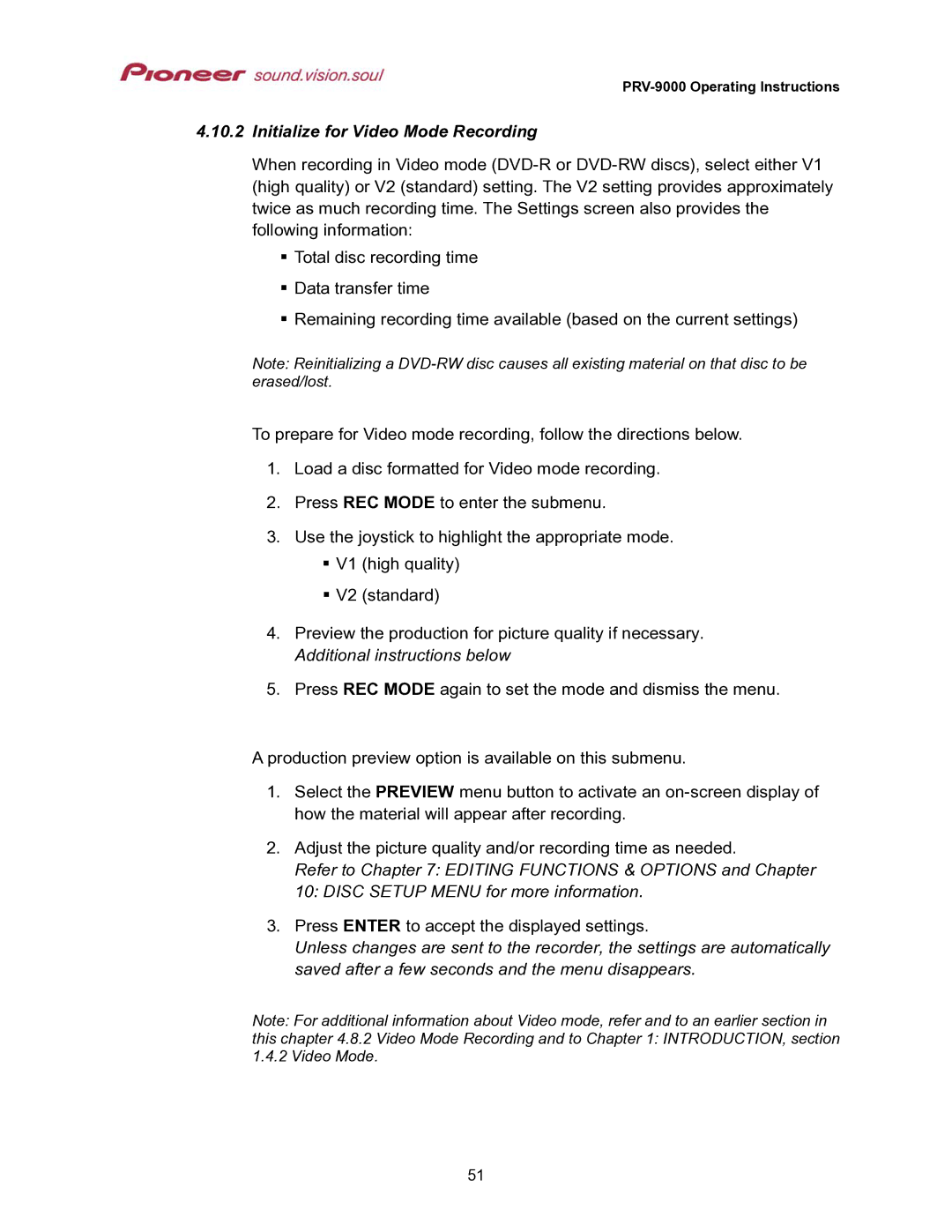 Pioneer PRV-9000 operating instructions Initialize for Video Mode Recording 