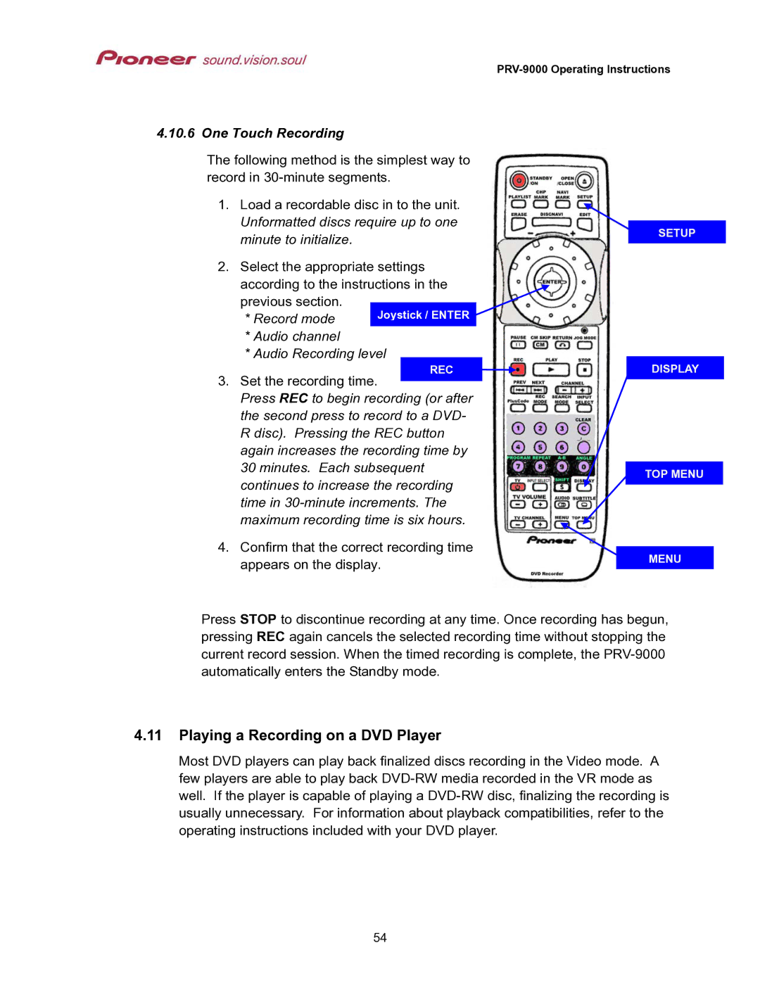 Pioneer PRV-9000 Playing a Recording on a DVD Player, One Touch Recording, Audio channel Audio Recording level 