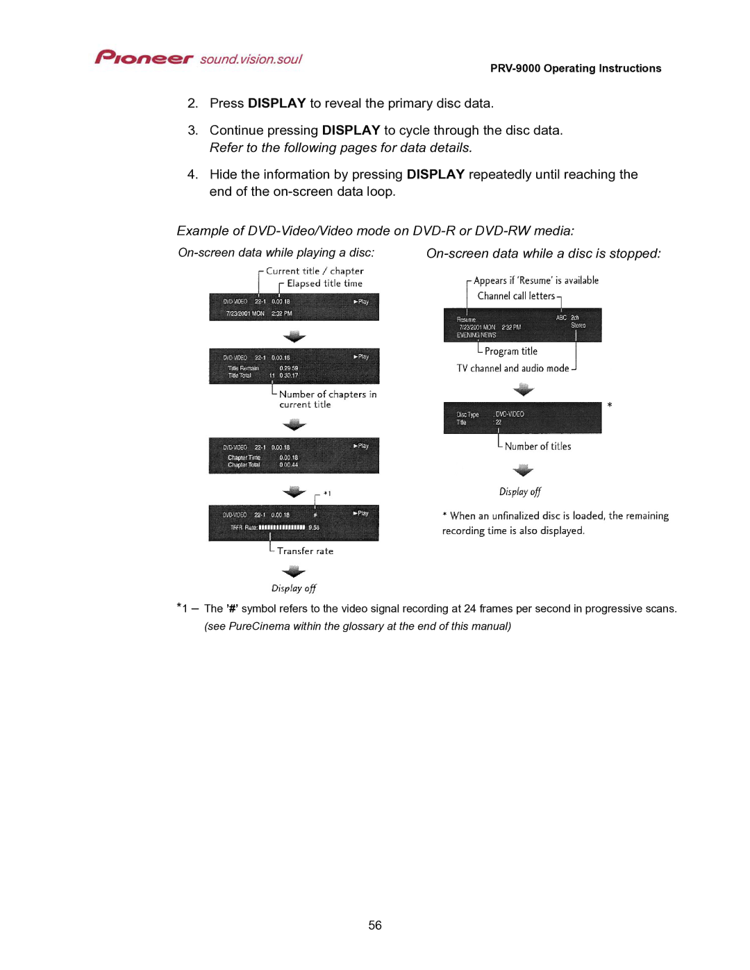 Pioneer PRV-9000 Example of DVD-Video/Video mode on DVD-R or DVD-RW media, On-screen data while a disc is stopped 