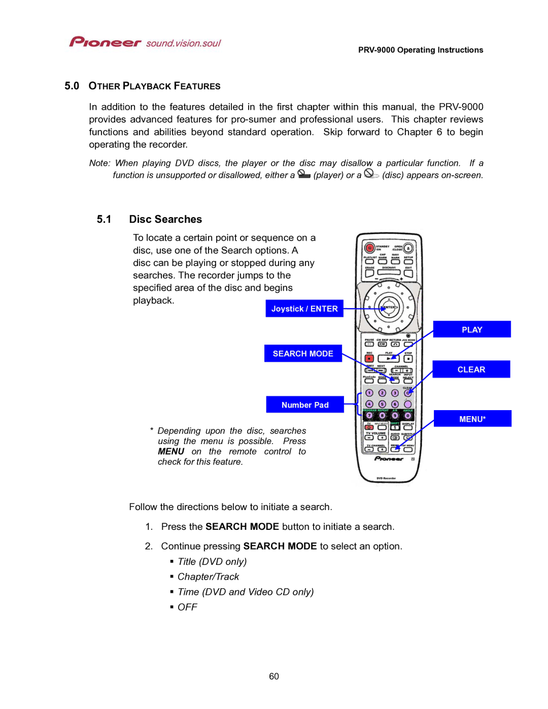 Pioneer PRV-9000 operating instructions Disc Searches, Chapter/Track Time DVD and Video CD only 