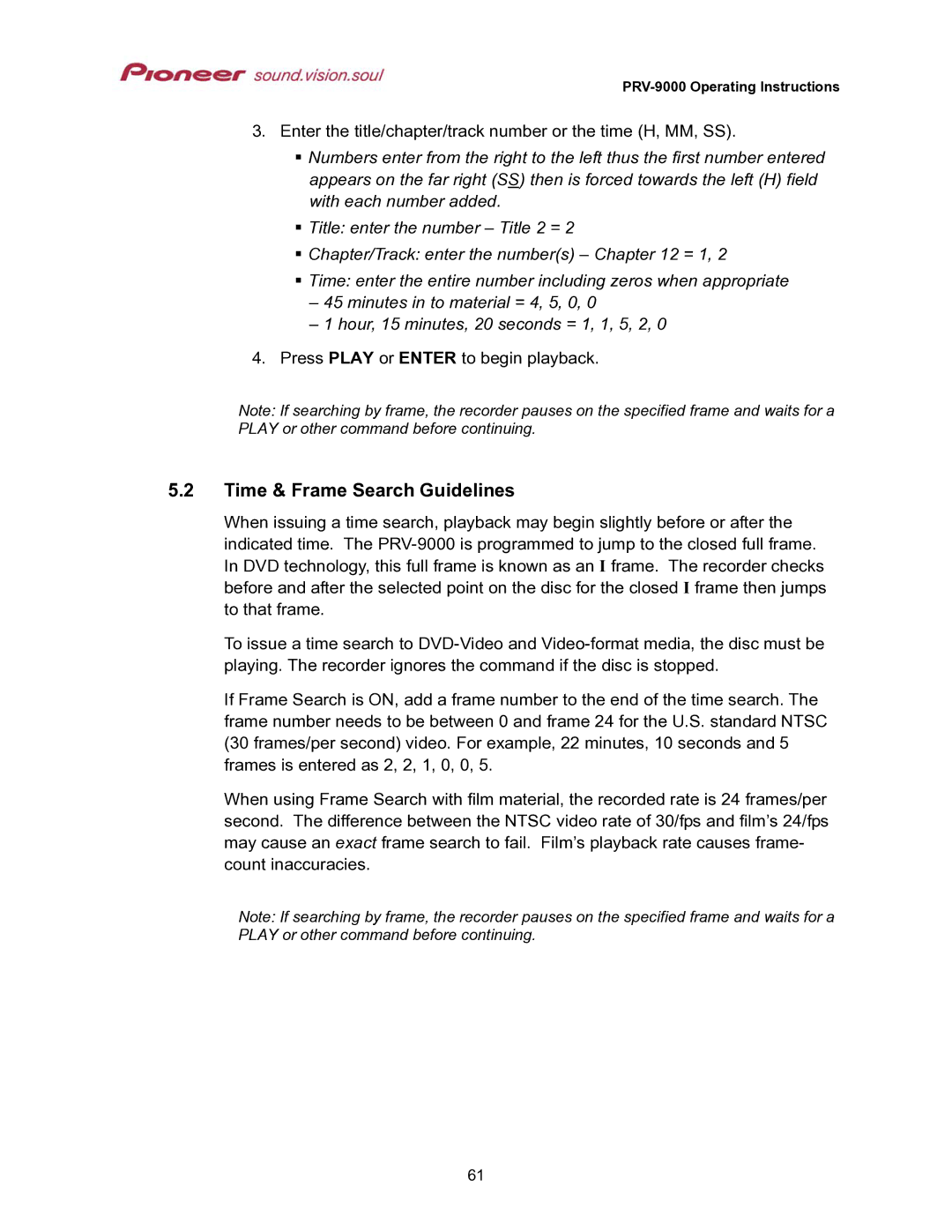 Pioneer PRV-9000 operating instructions Time & Frame Search Guidelines 