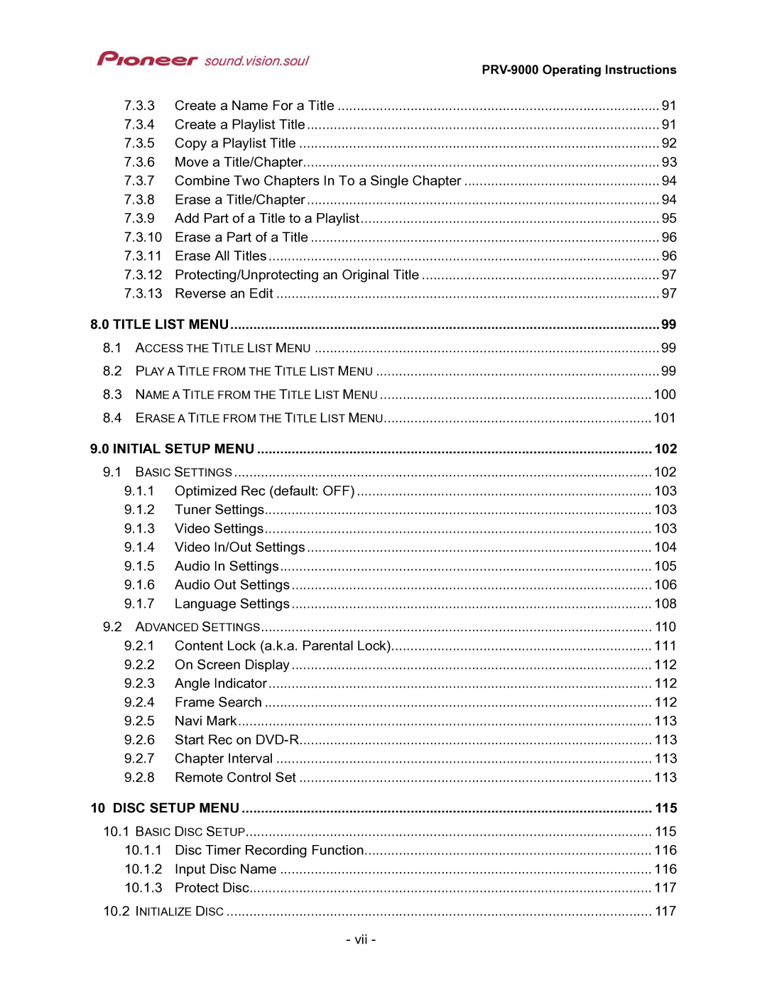 Pioneer PRV-9000 operating instructions 102, 115 