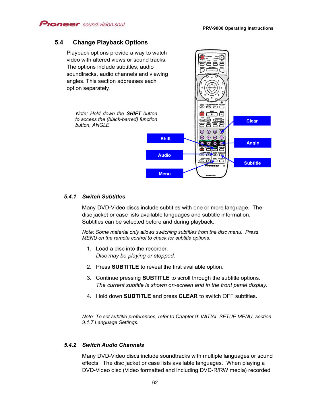 Pioneer PRV-9000 operating instructions Change Playback Options, Switch Subtitles, Switch Audio Channels 