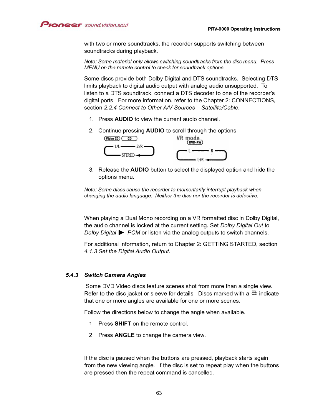 Pioneer PRV-9000 operating instructions Set the Digital Audio Output, Switch Camera Angles 