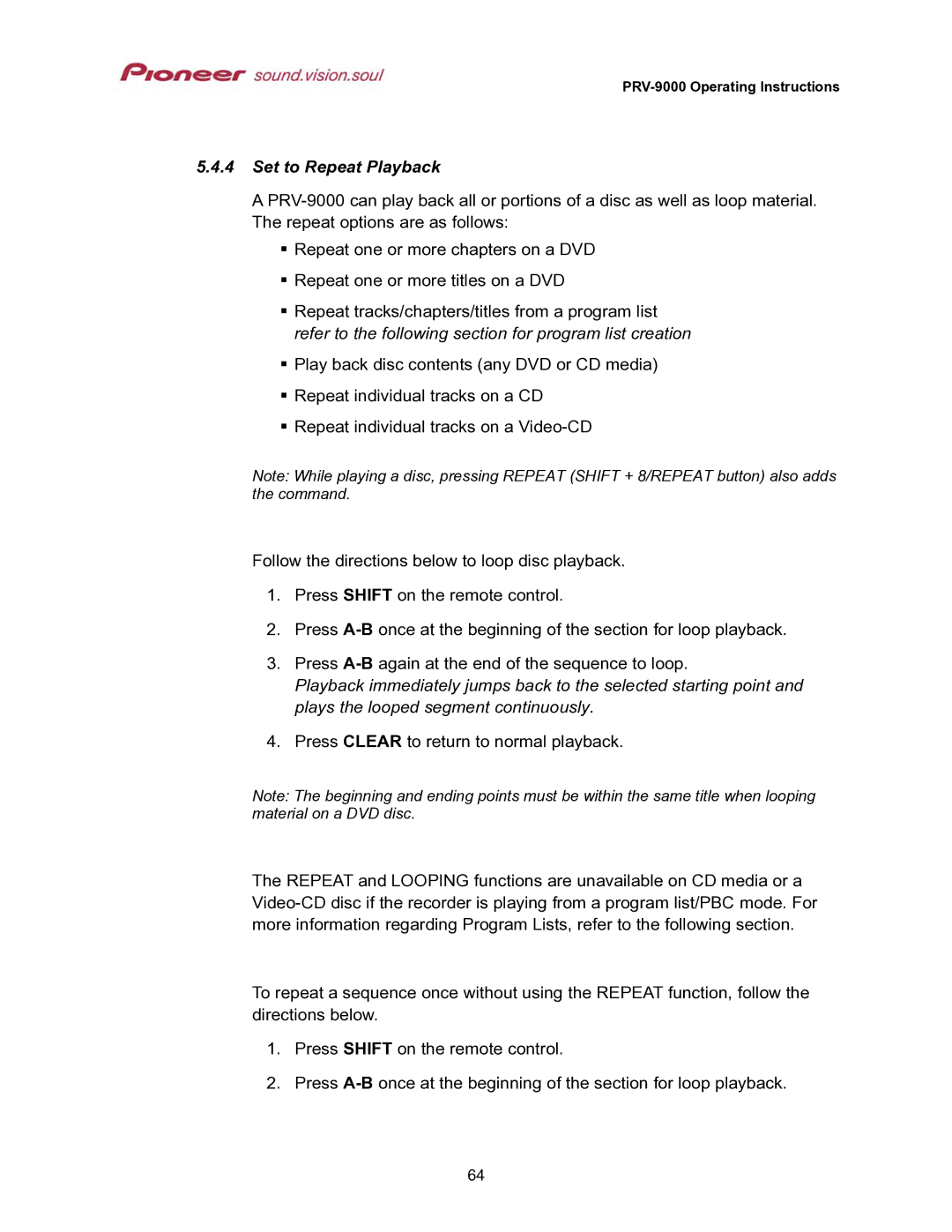 Pioneer PRV-9000 operating instructions Set to Repeat Playback 