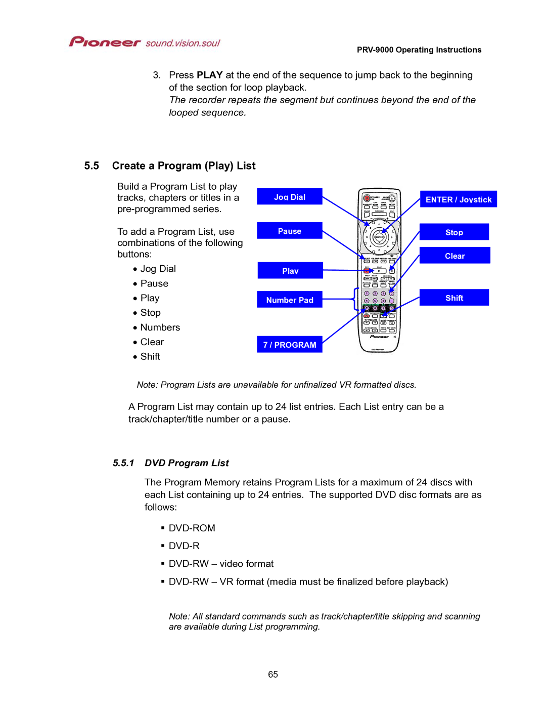 Pioneer PRV-9000 operating instructions Create a Program Play List, DVD Program List 