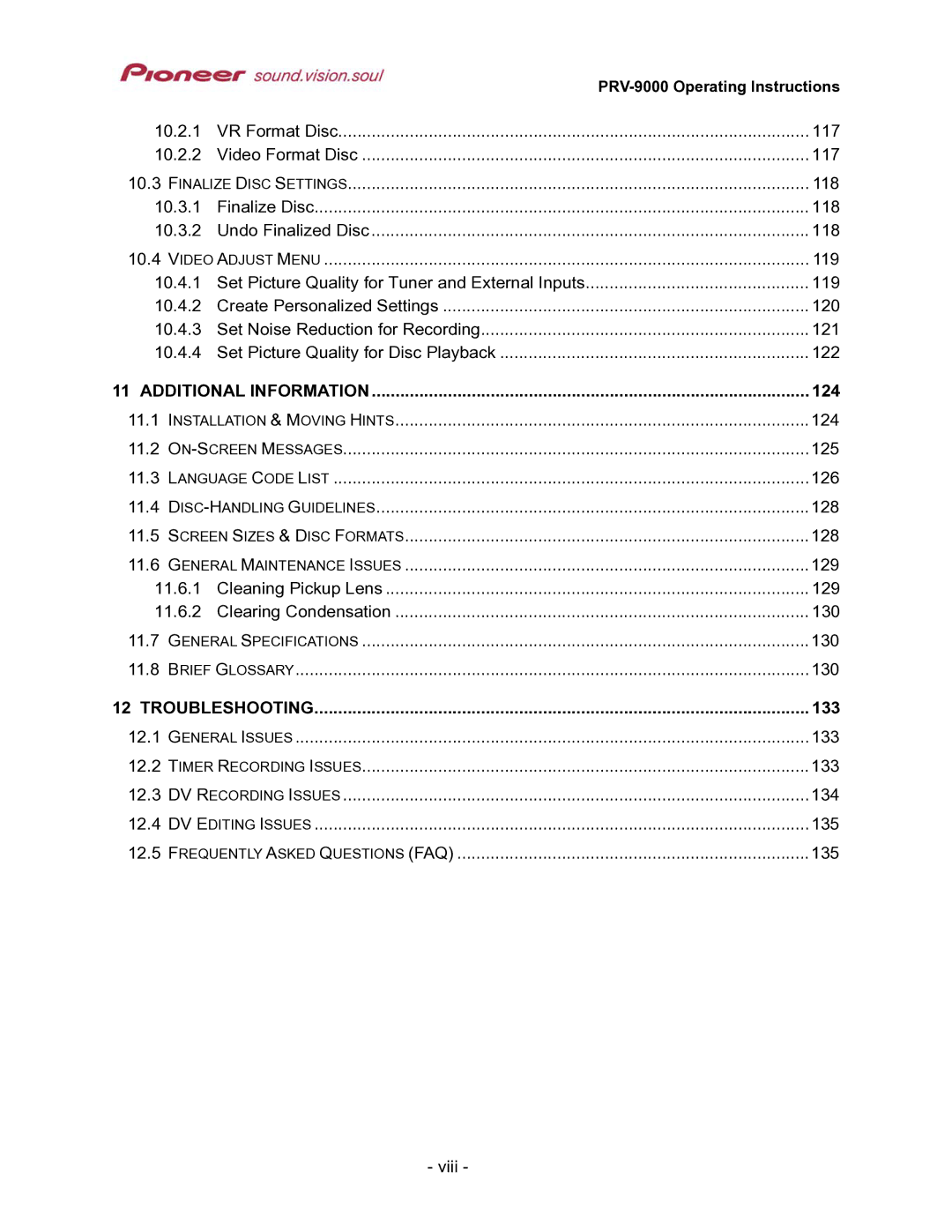 Pioneer PRV-9000 operating instructions 124, 133 