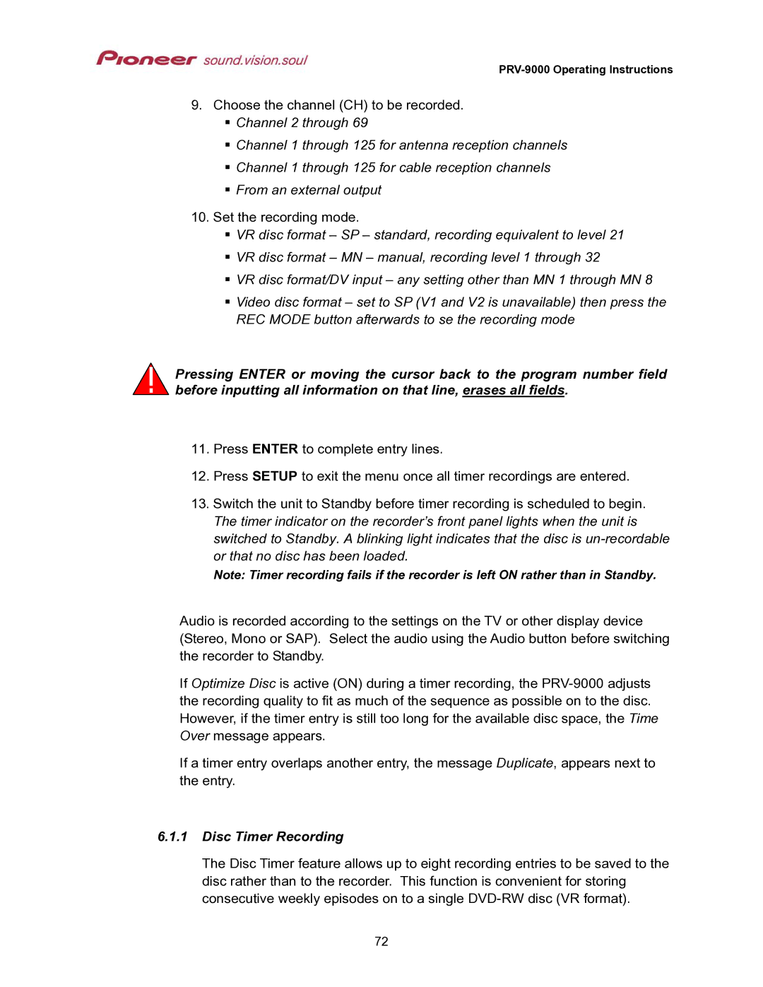 Pioneer PRV-9000 operating instructions Disc Timer Recording 