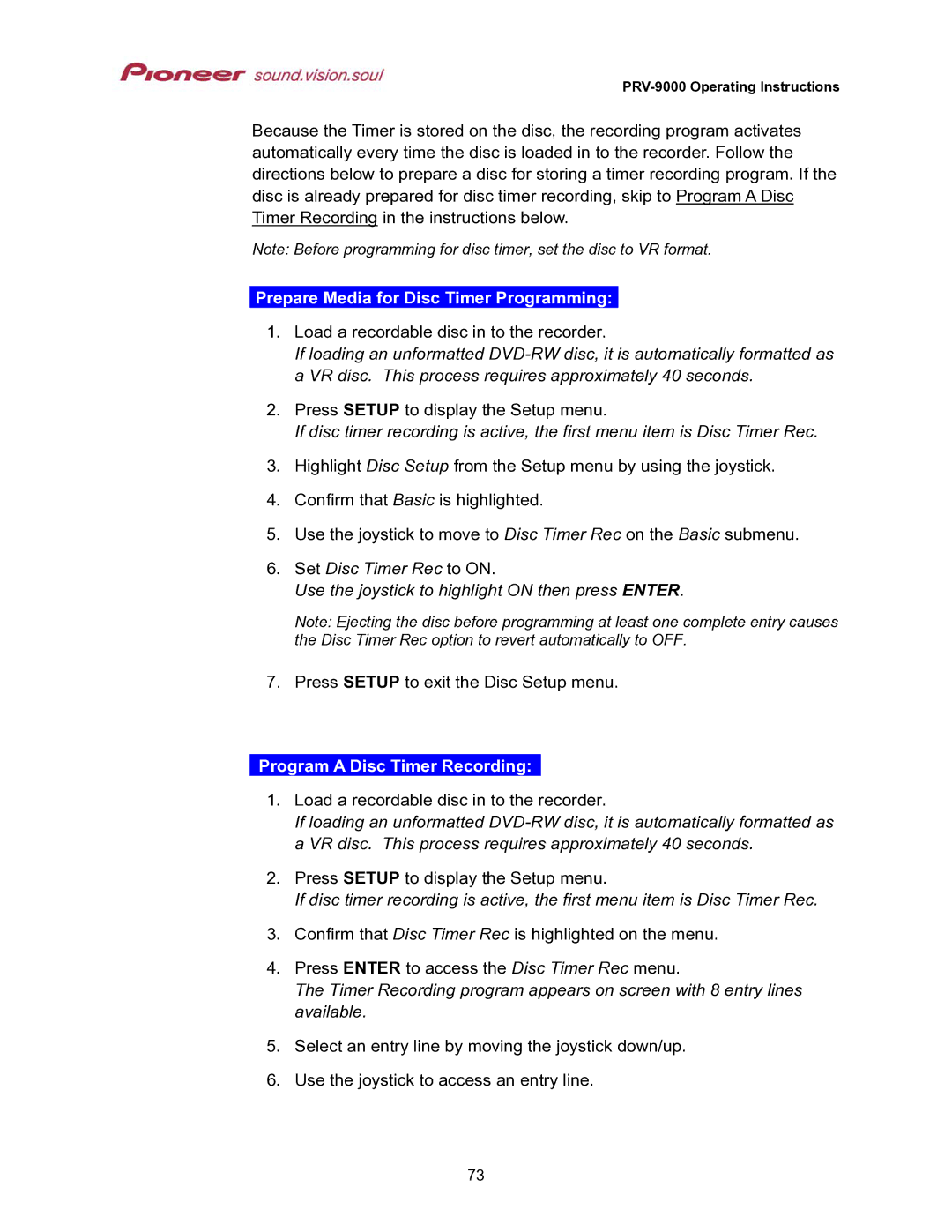 Pioneer PRV-9000 operating instructions Prepare Media for Disc Timer Programming, Program a Disc Timer Recording 