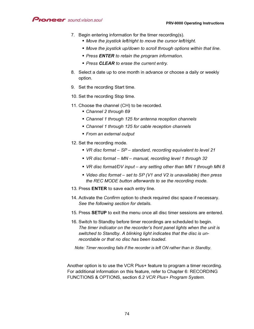 Pioneer PRV-9000 operating instructions Set the recording mode 