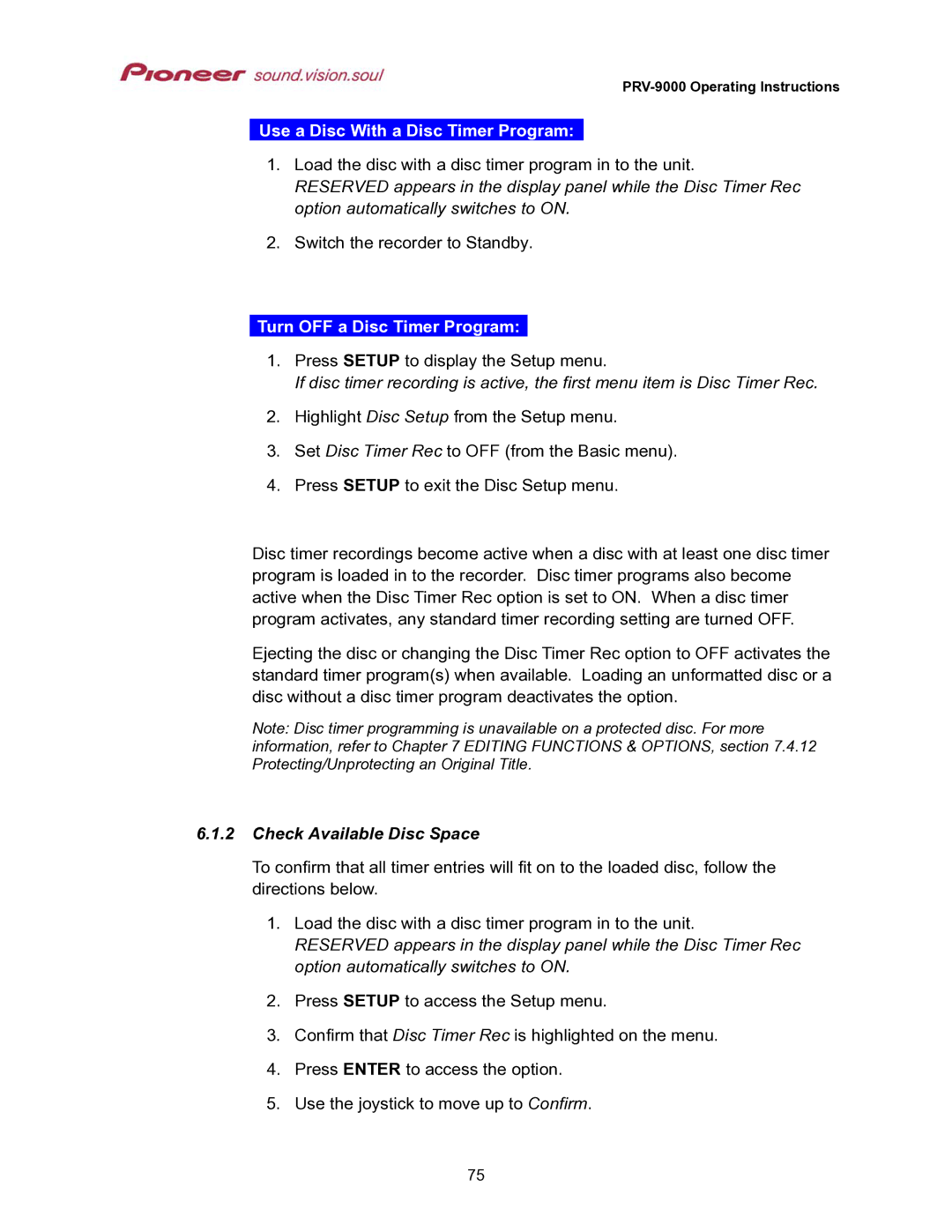 Pioneer PRV-9000 Use a Disc With a Disc Timer Program, Turn OFF a Disc Timer Program, Check Available Disc Space 