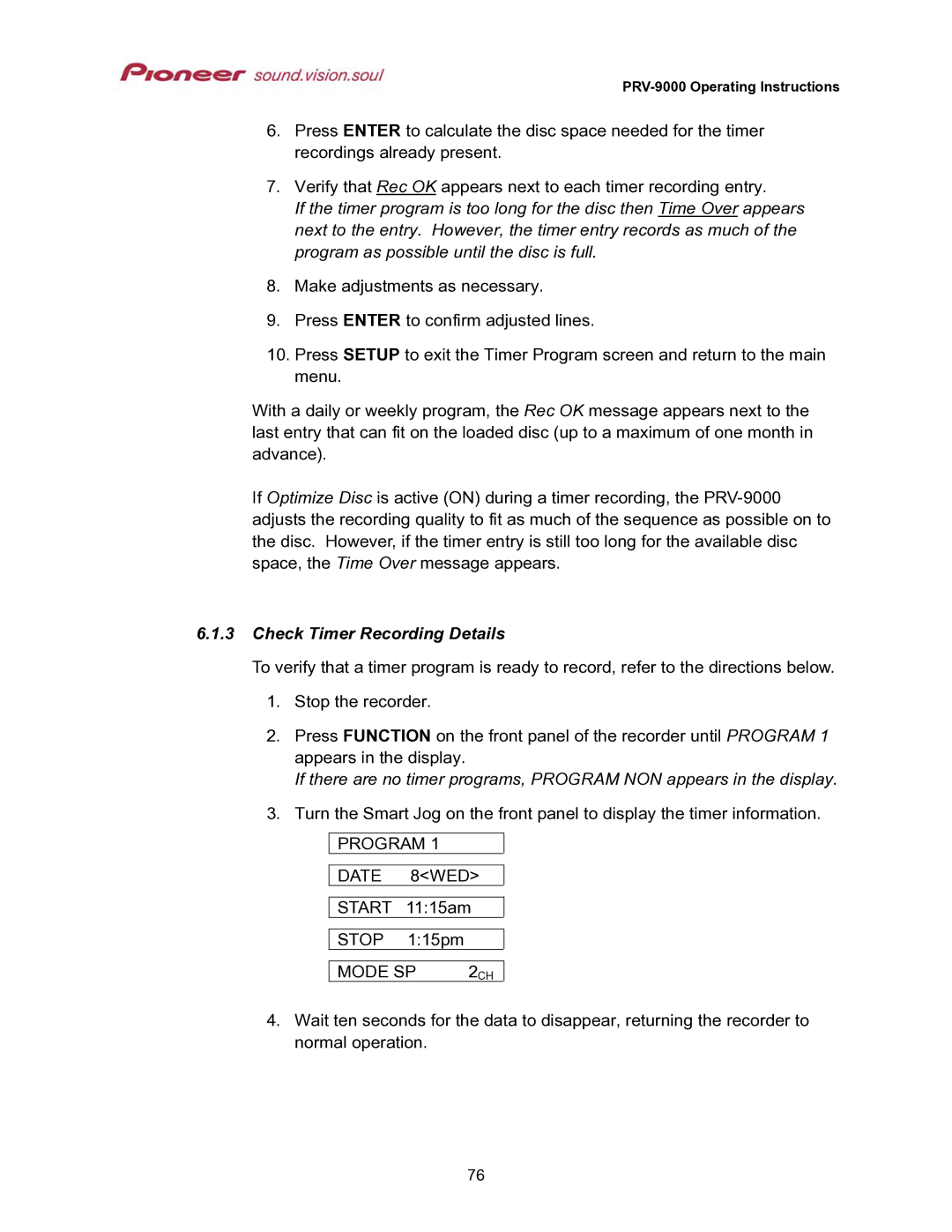 Pioneer PRV-9000 operating instructions Check Timer Recording Details, Mode SP 