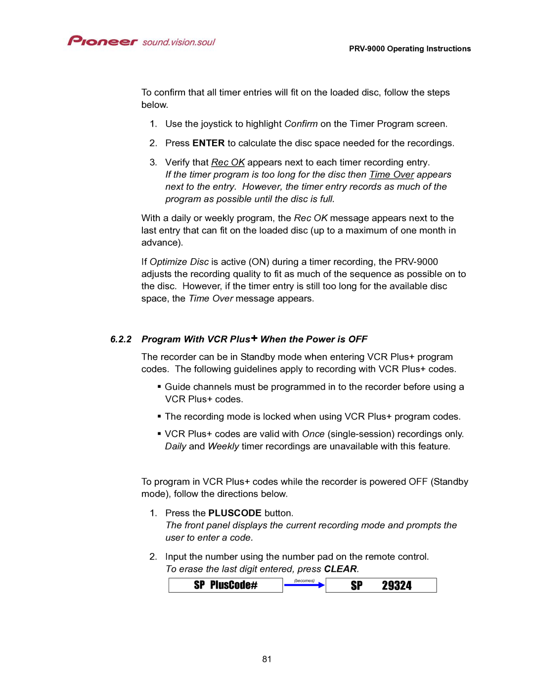 Pioneer PRV-9000 operating instructions SP PlusCode#, Program With VCR Plus+ When the Power is OFF 