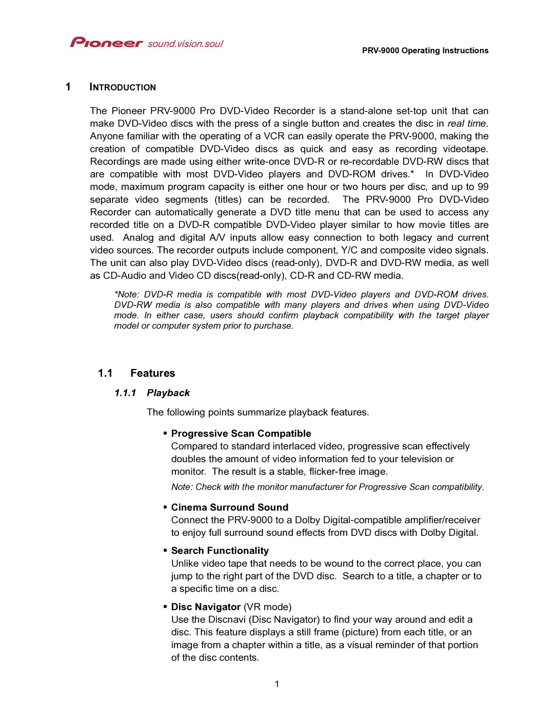 Pioneer PRV-9000 operating instructions Features, Playback 