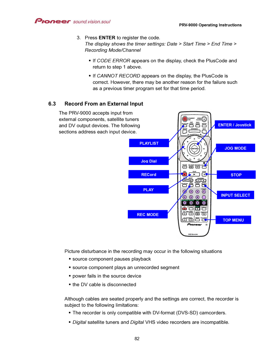 Pioneer PRV-9000 operating instructions Record From an External Input 