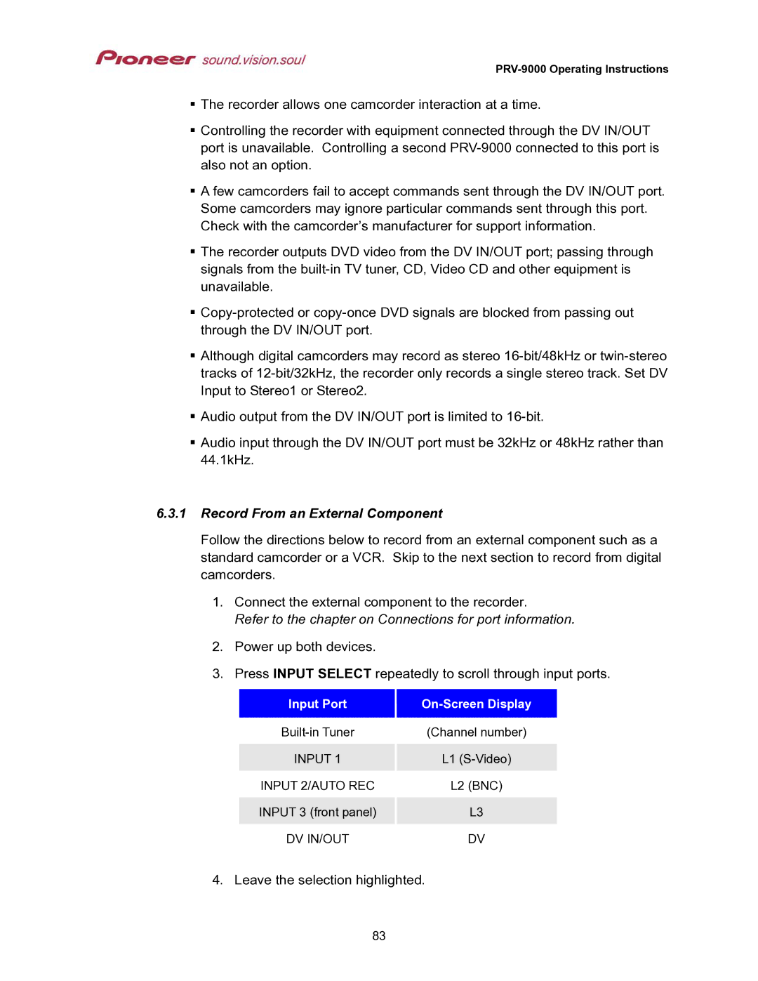 Pioneer PRV-9000 Record From an External Component, Refer to the chapter on Connections for port information 