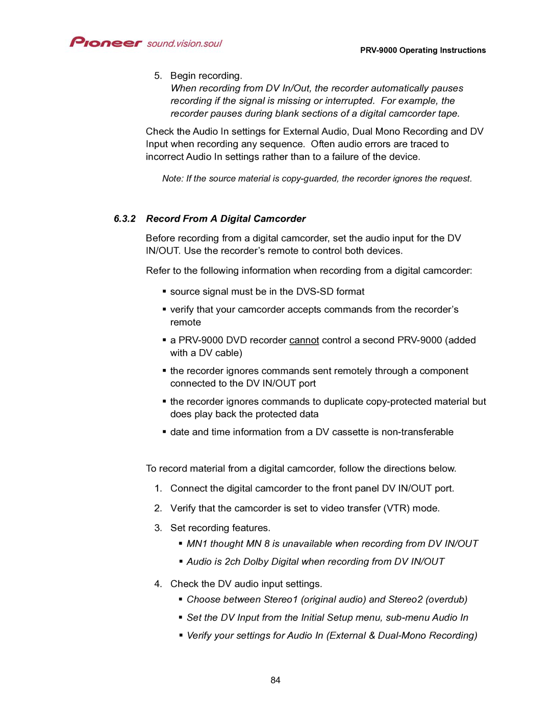 Pioneer PRV-9000 operating instructions Record From a Digital Camcorder 