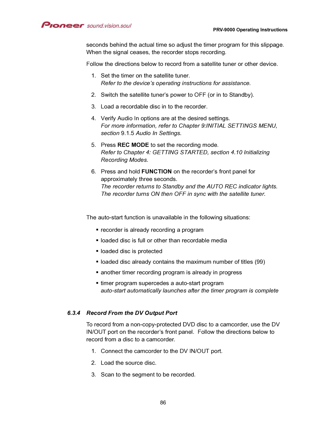 Pioneer PRV-9000 Refer to the device’s operating instructions for assistance, Record From the DV Output Port 